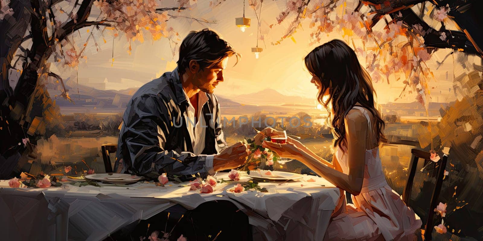 Couple in love on a white plaid take a picnic against the backdrop of a sunset in the mountains. Romantic time. Beautiful couple is enjoying picnic time at sunset. Copy space.