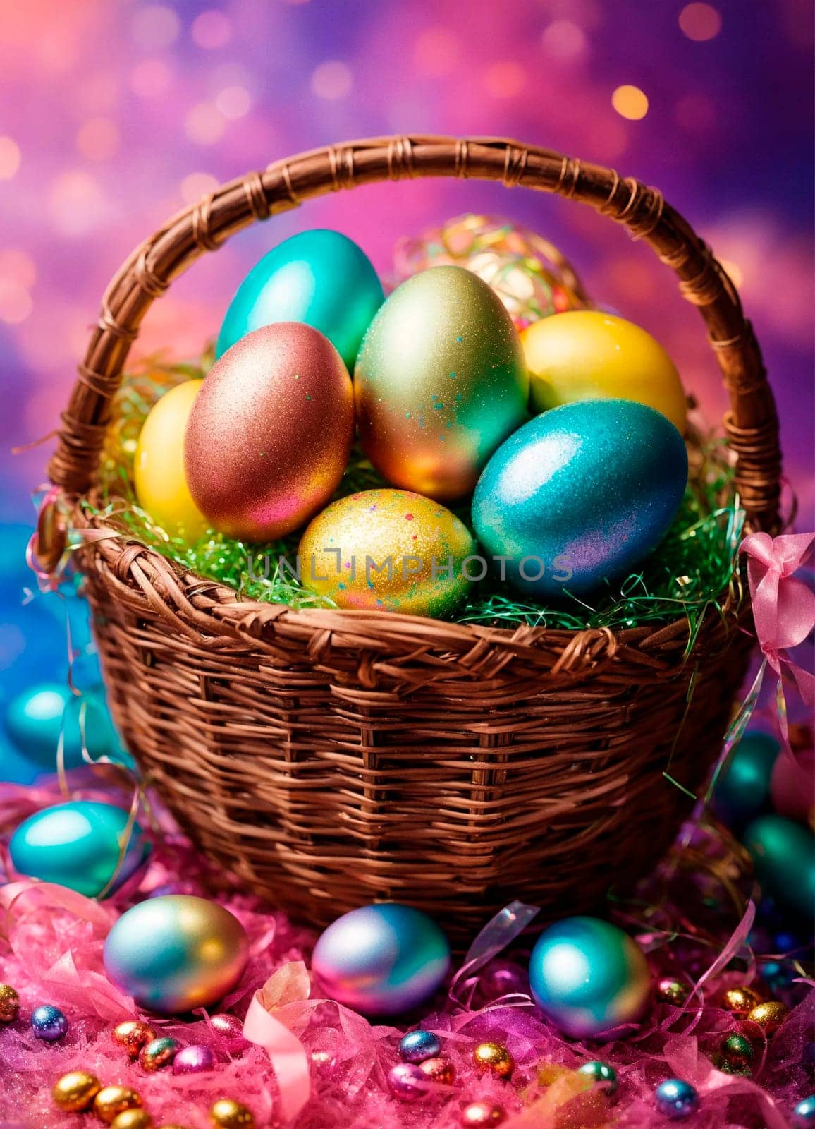 Basket with Easter eggs. Selective focus. by yanadjana