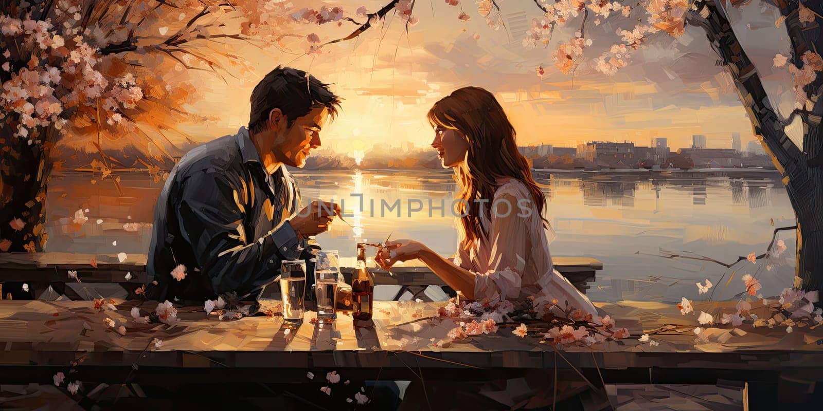 Couple in love on a white plaid take a picnic against the backdrop of a sunset in the mountains. Romantic time. Beautiful couple is enjoying picnic time at sunset. Copy space.