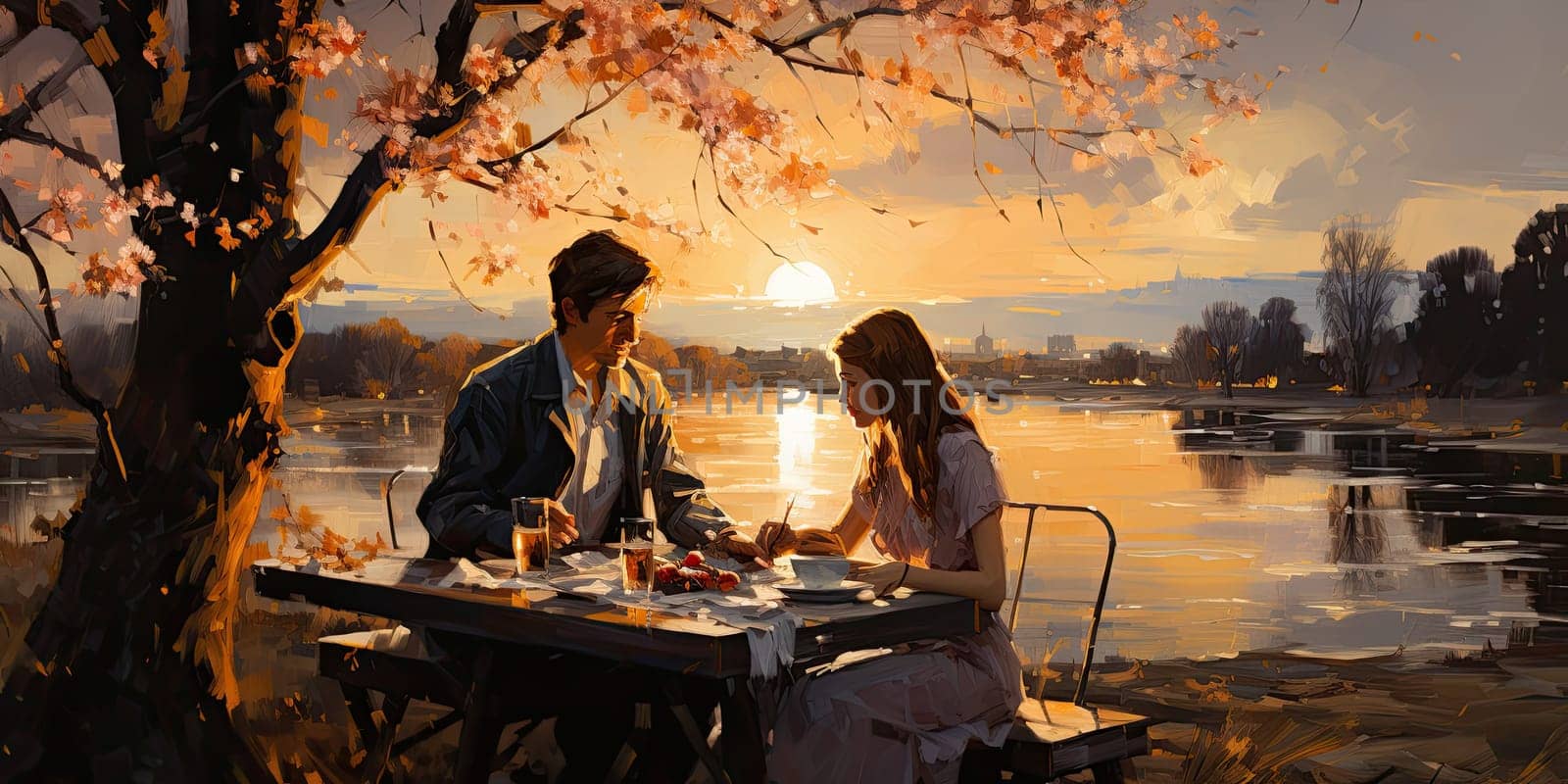 Couple in love on a white plaid take a picnic against the backdrop of a sunset in the mountains. Romantic time. Beautiful couple is enjoying picnic time at sunset. Copy space by Benzoix