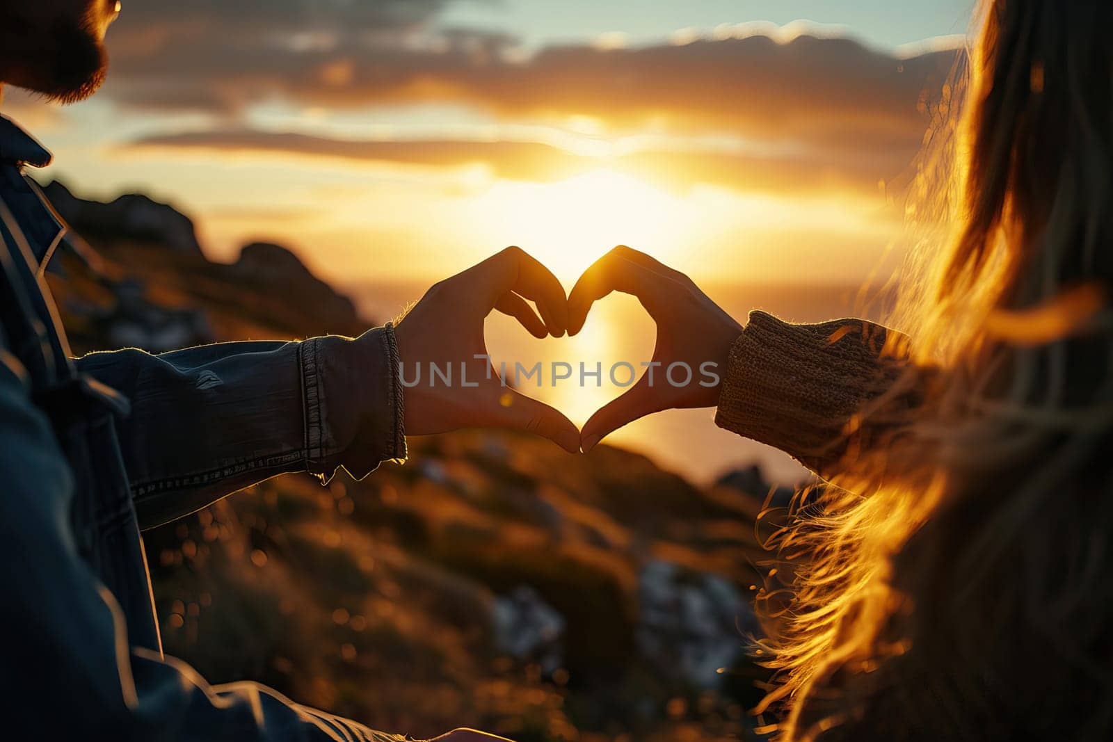 Valentines day concept, Young man and woman creating heart shape by hands at sunset. Generative AI.