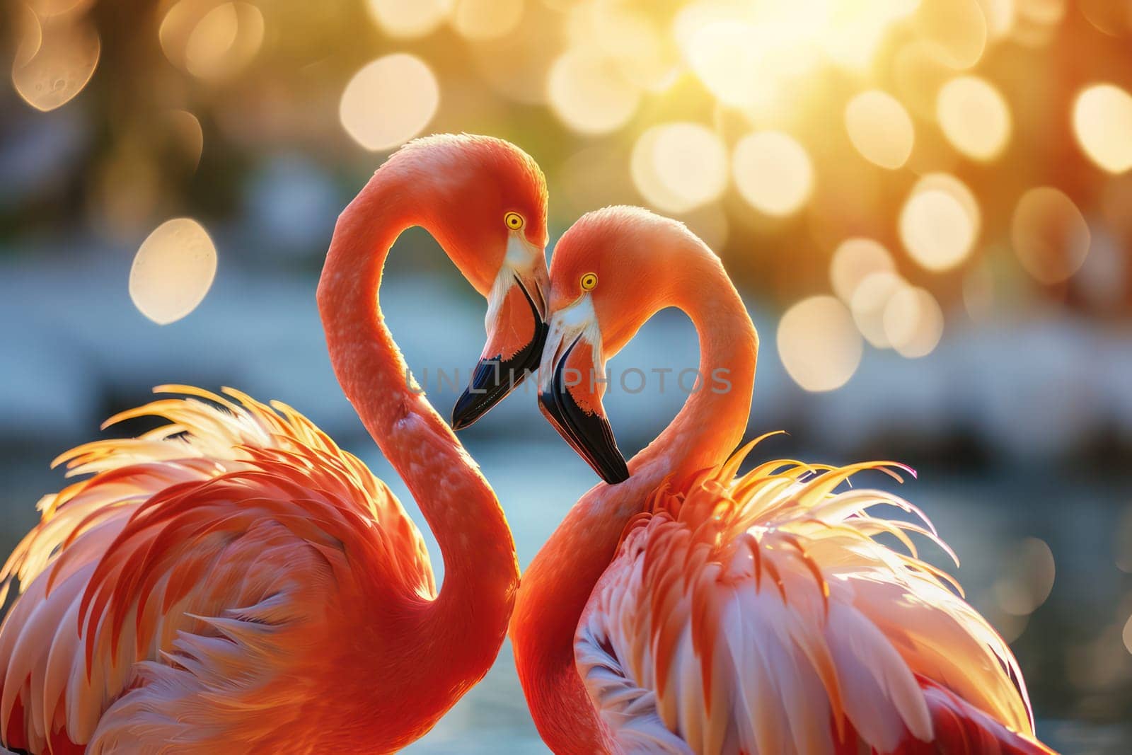 Two flamingos facing each other, heart shaped background. Generative AI by golfmerrymaker