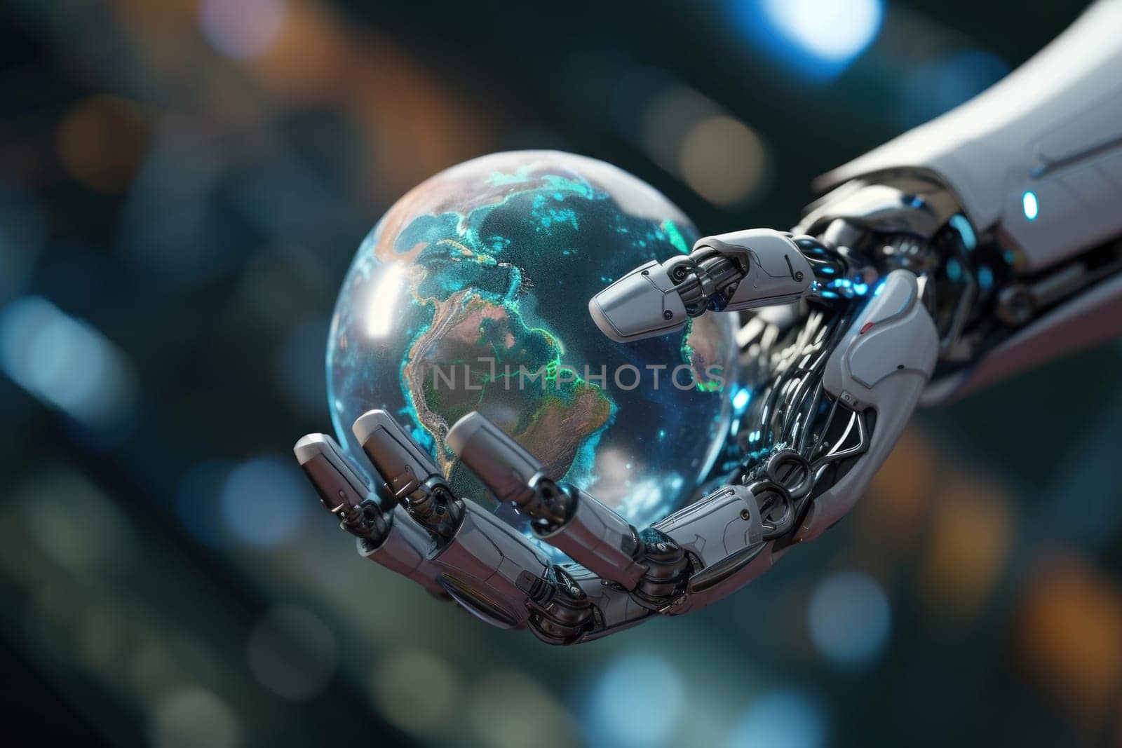 Mechanical robot hand gripping a globe, futuristic technology background. Generative AI.