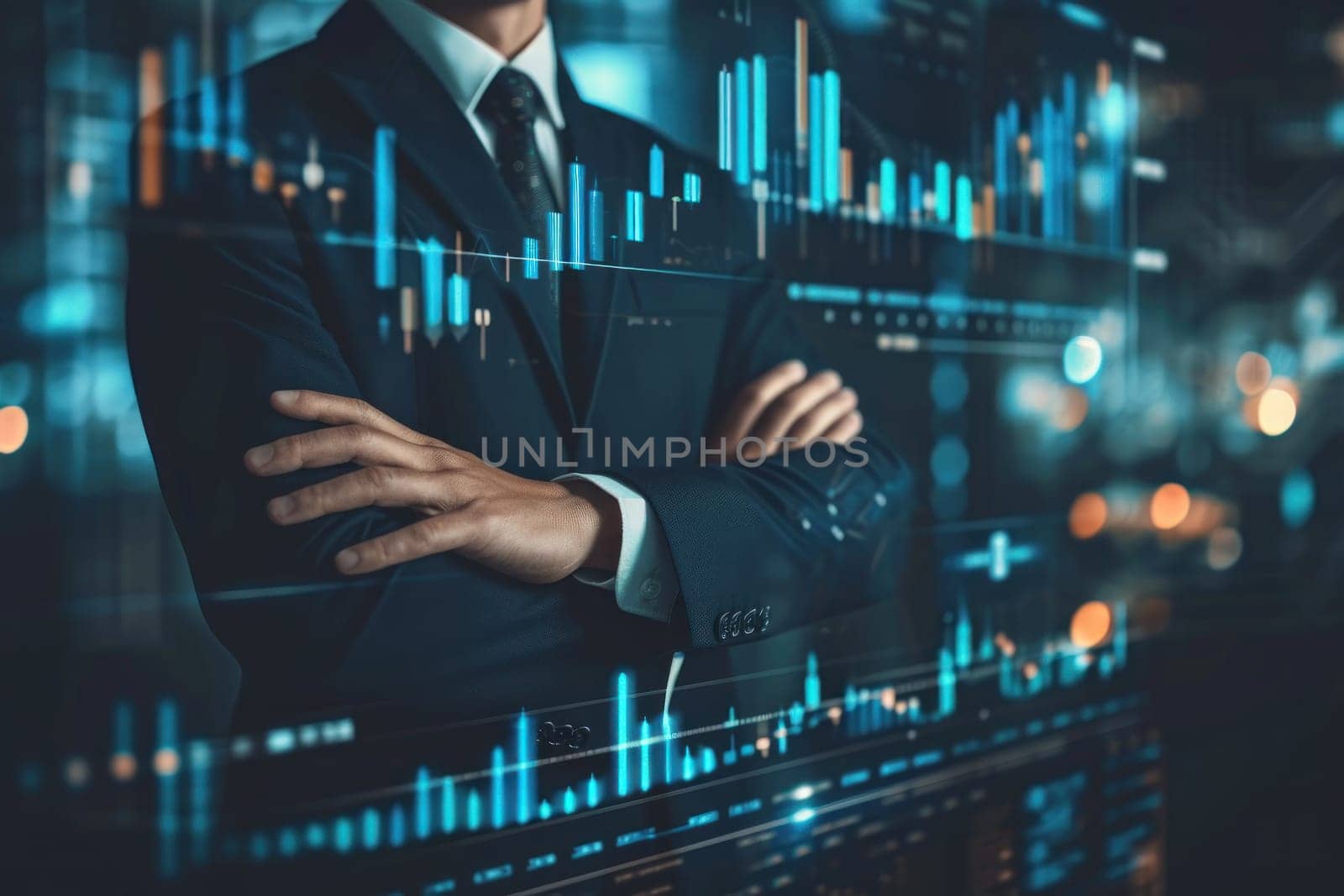 Businessman in suit with investment graphics. Generative AI.
