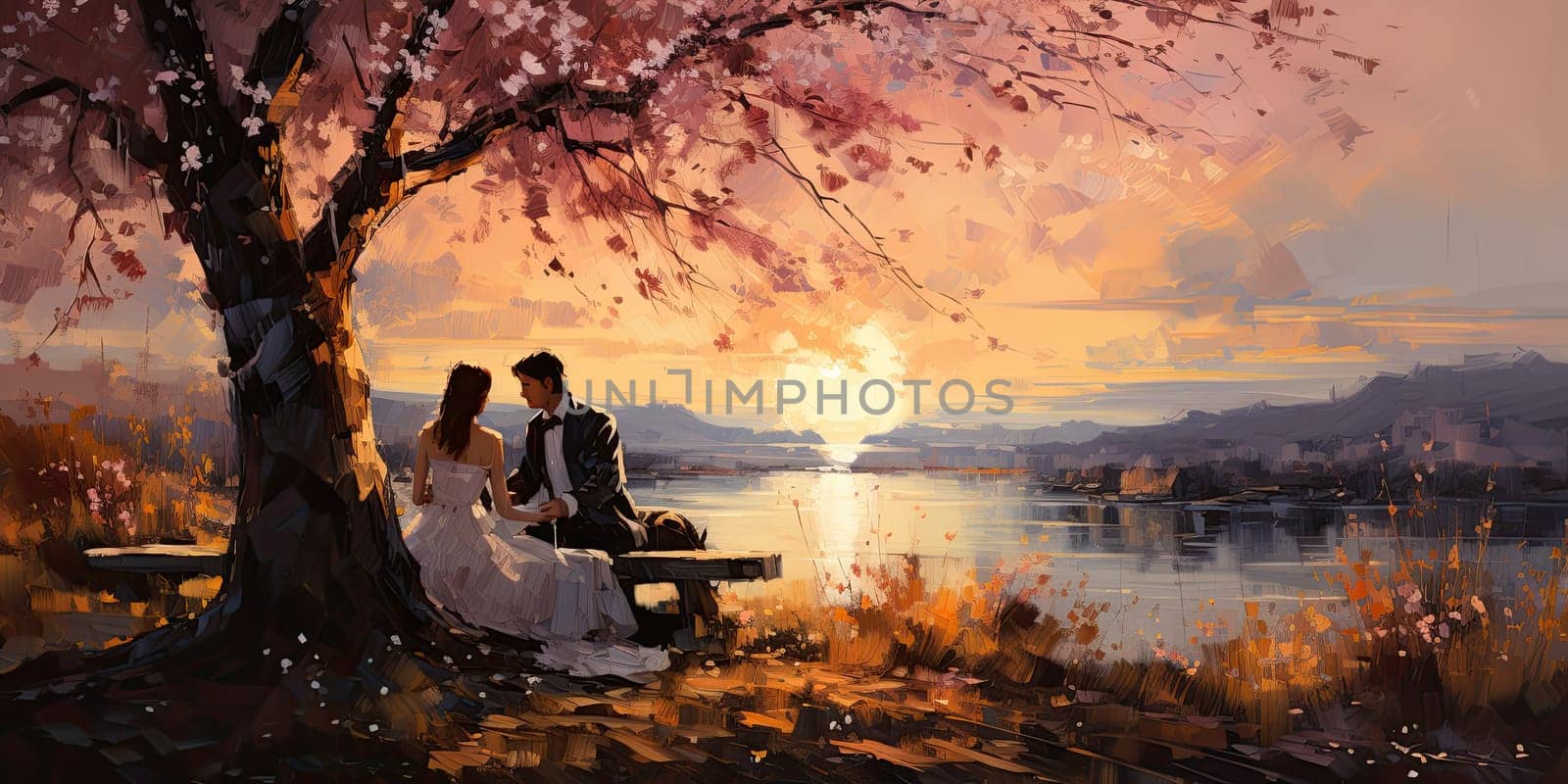 Couple in love on a white plaid take a picnic against the backdrop of a sunset in the mountains. Romantic time. Beautiful couple is enjoying picnic time at sunset. Copy space by Benzoix