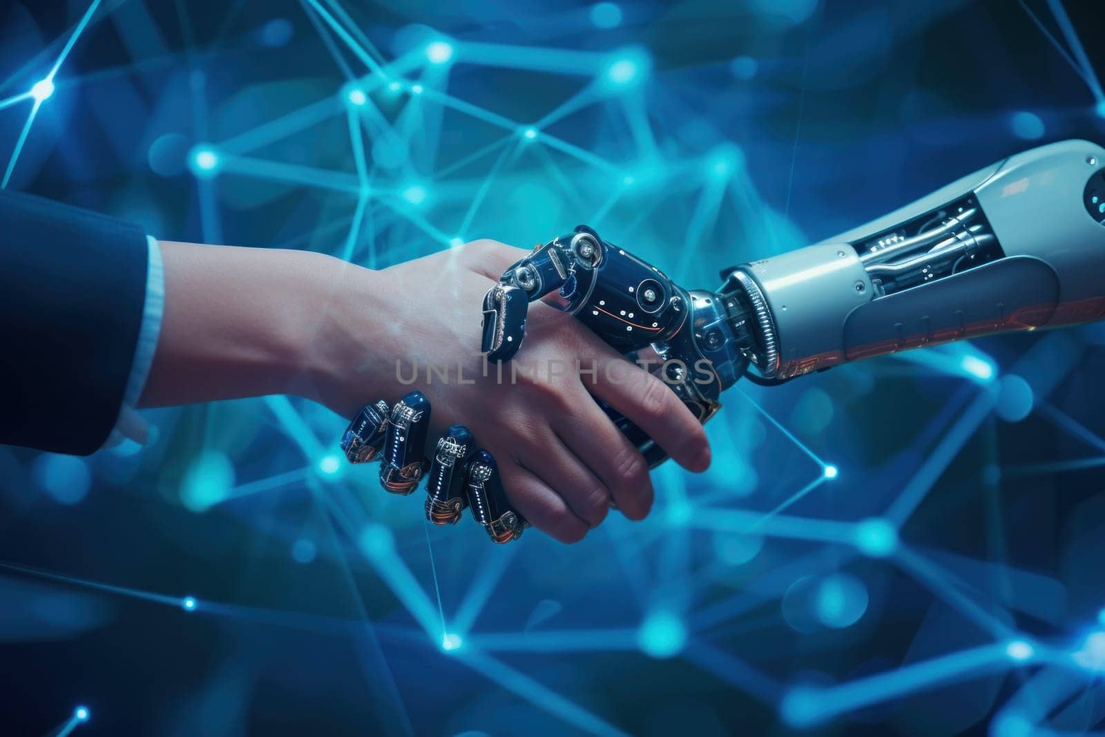 A handshake between a robot hand and a human hand, Technologies AI concept. Generative AI.