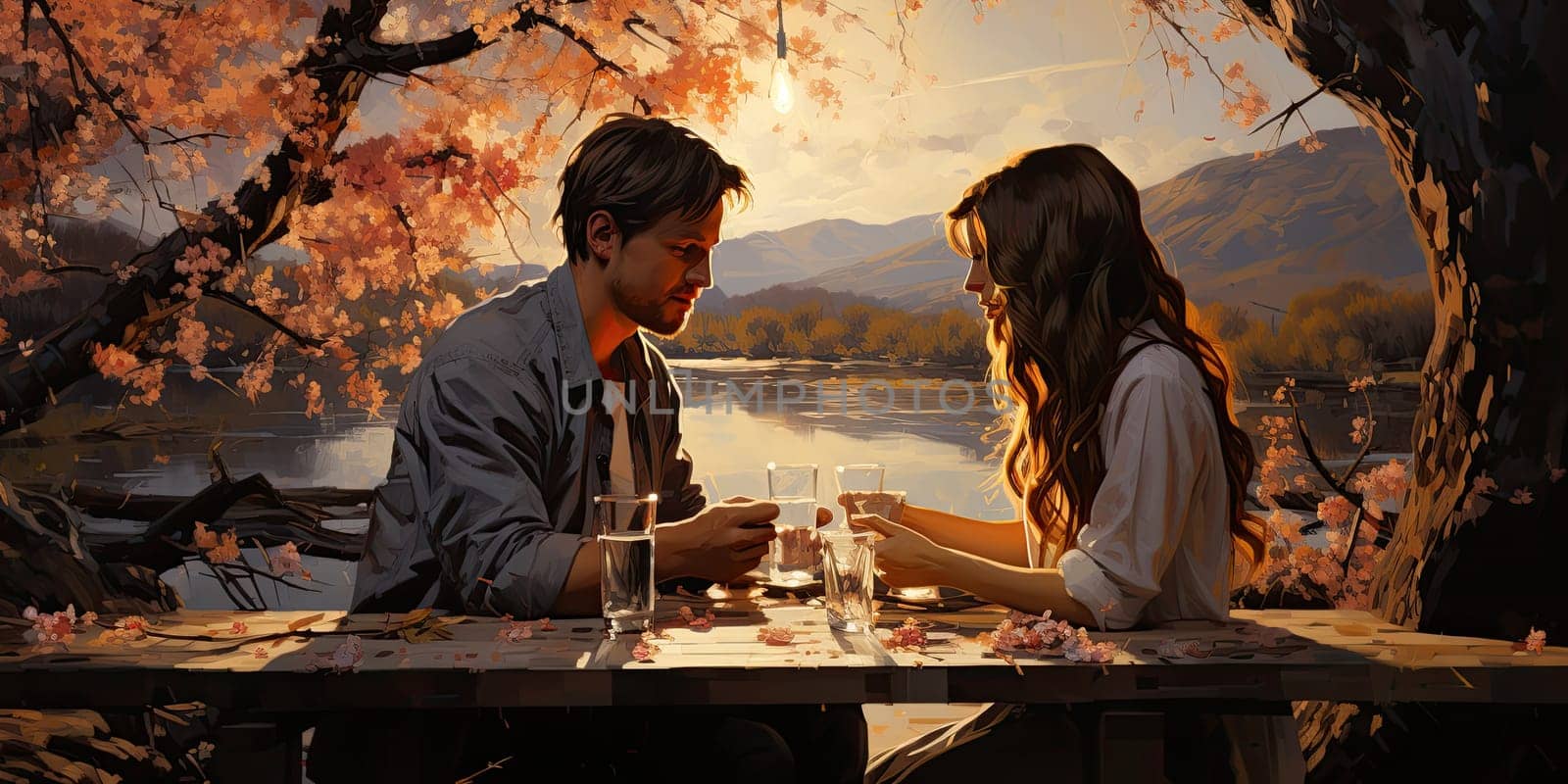 Couple in love on a white plaid take a picnic against the backdrop of a sunset in the mountains. Romantic time. Beautiful couple is enjoying picnic time at sunset. Copy space.