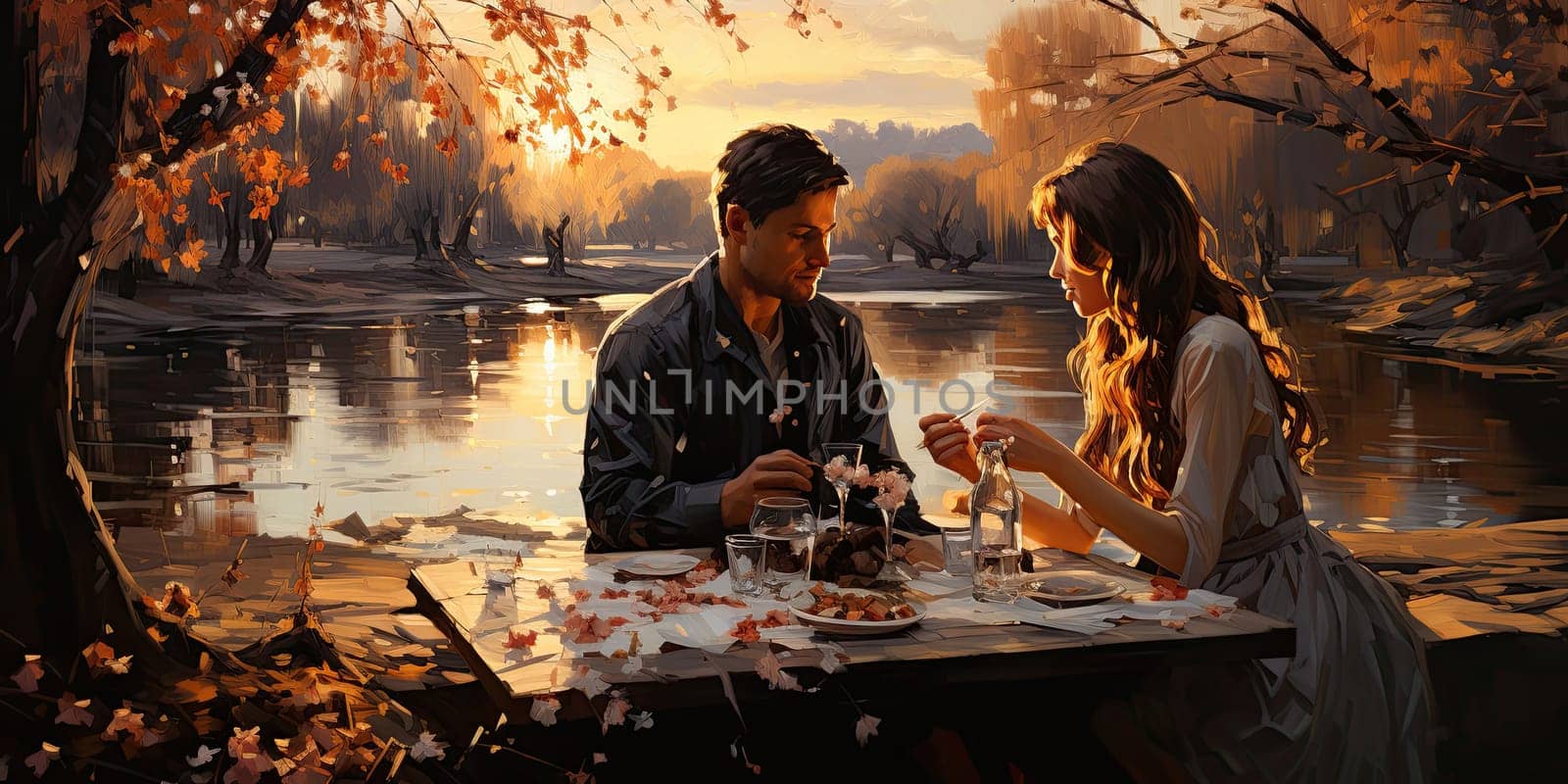 Couple in love on a white plaid take a picnic against the backdrop of a sunset in the mountains. Romantic time. Beautiful couple is enjoying picnic time at sunset. Copy space.