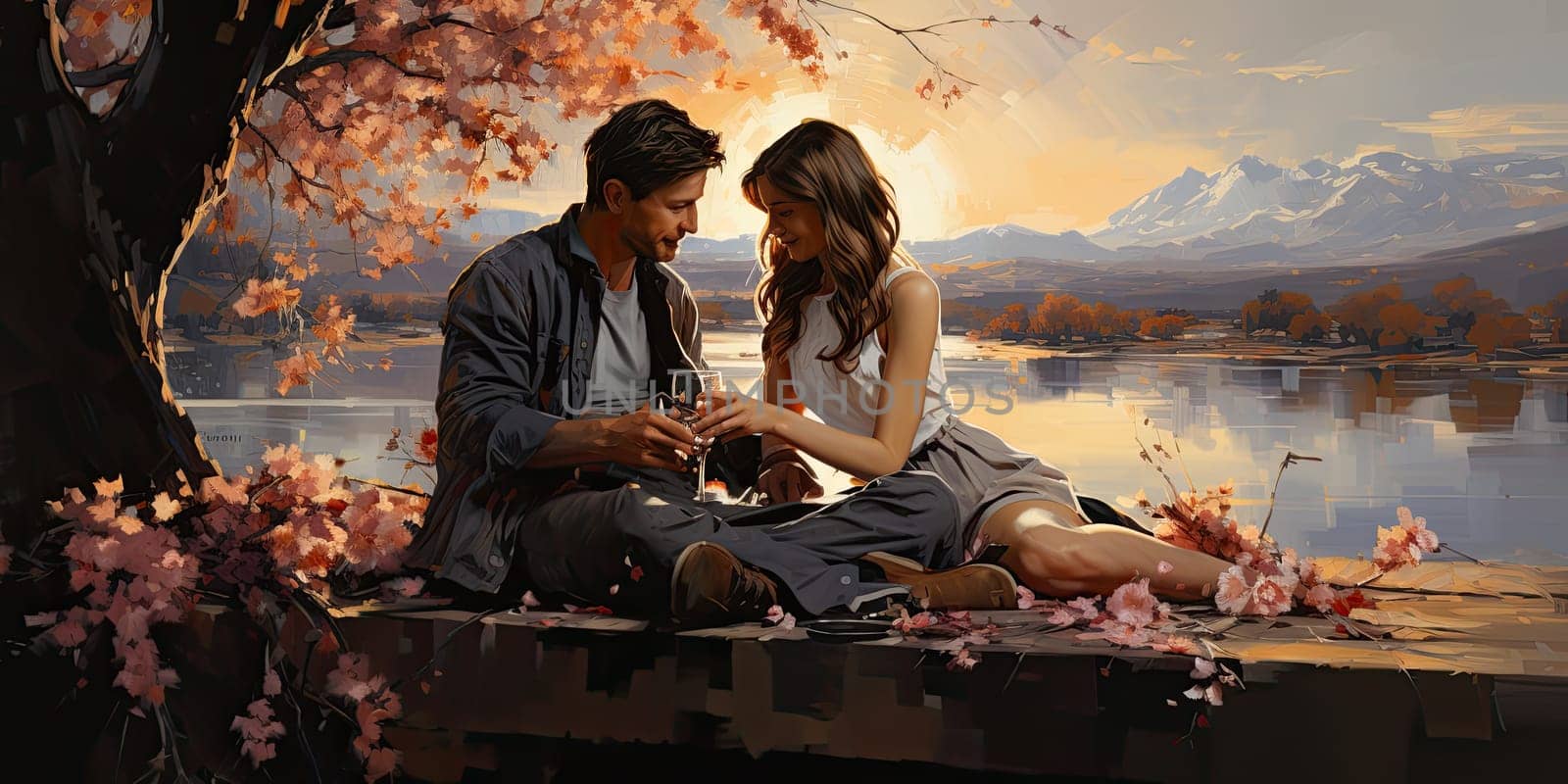 Couple in love on a white plaid take a picnic against the backdrop of a sunset in the mountains. Romantic time. Beautiful couple is enjoying picnic time at sunset. Copy space.