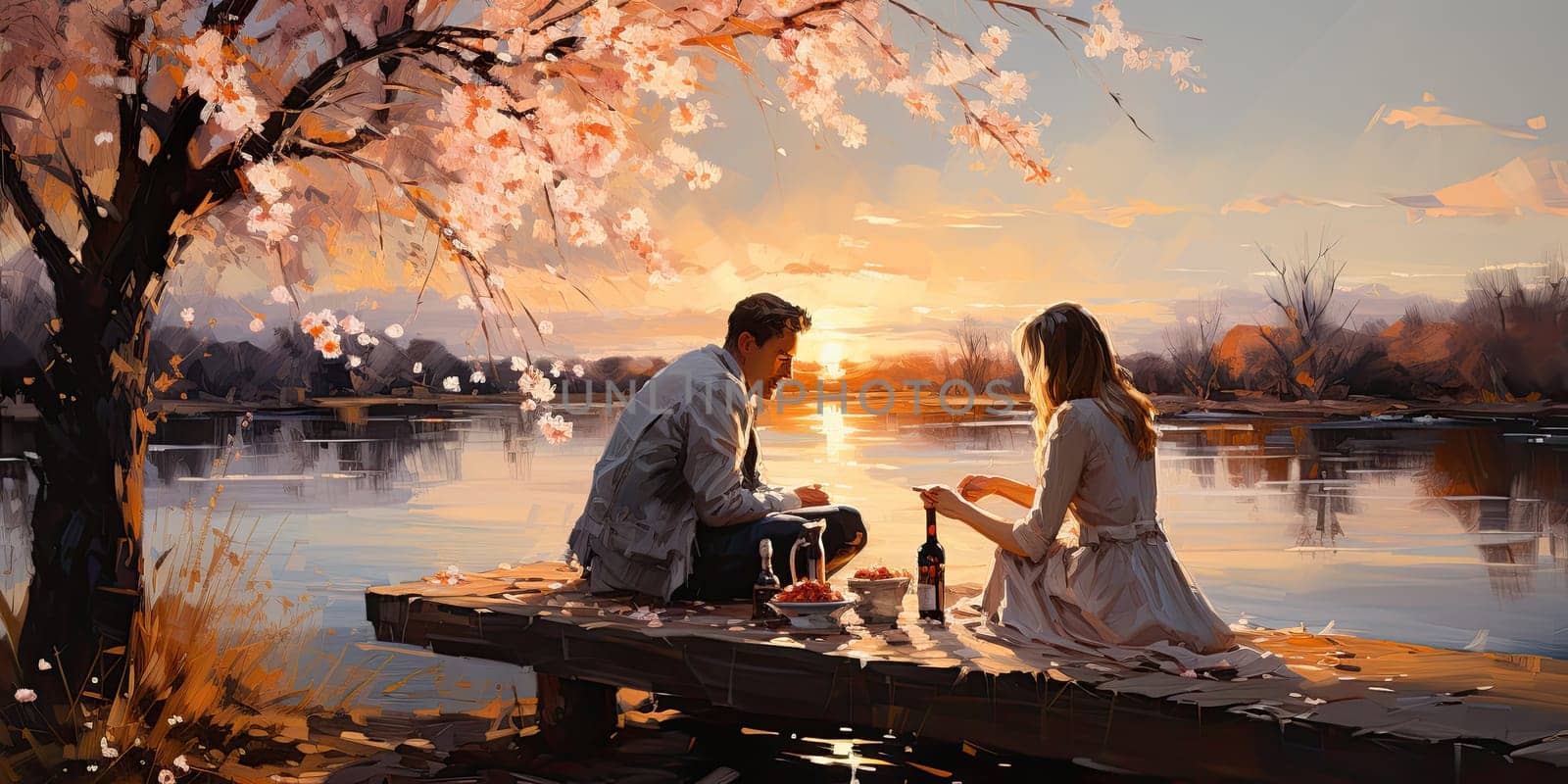 Couple in love on a white plaid take a picnic against the backdrop of a sunset in the mountains. Romantic time. Beautiful couple is enjoying picnic time at sunset. Copy space.