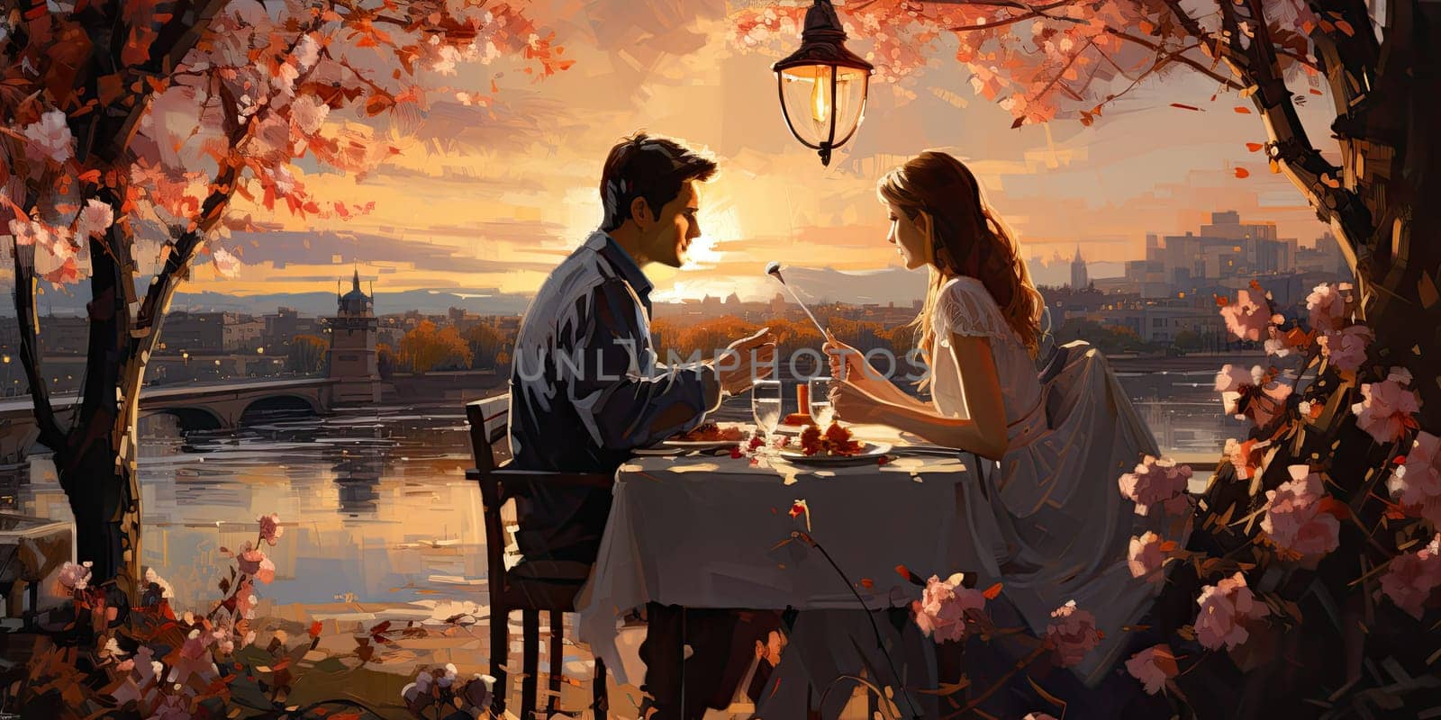 Couple in love on a white plaid take a picnic against the backdrop of a sunset in the mountains. Romantic time. Beautiful couple is enjoying picnic time at sunset. Copy space.