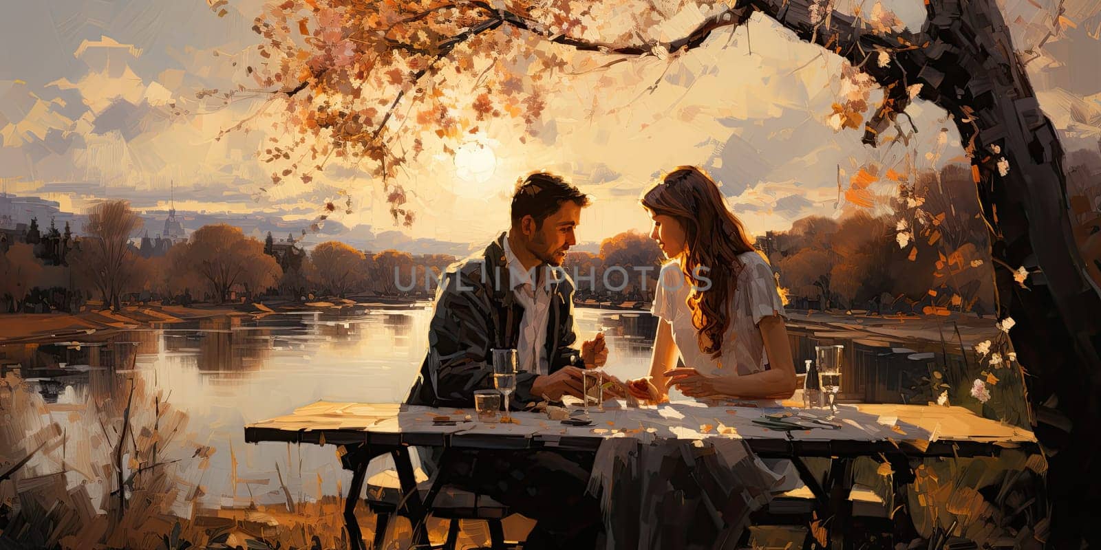 Couple in love on a white plaid take a picnic against the backdrop of a sunset in the mountains. Romantic time. Beautiful couple is enjoying picnic time at sunset. Copy space by Benzoix