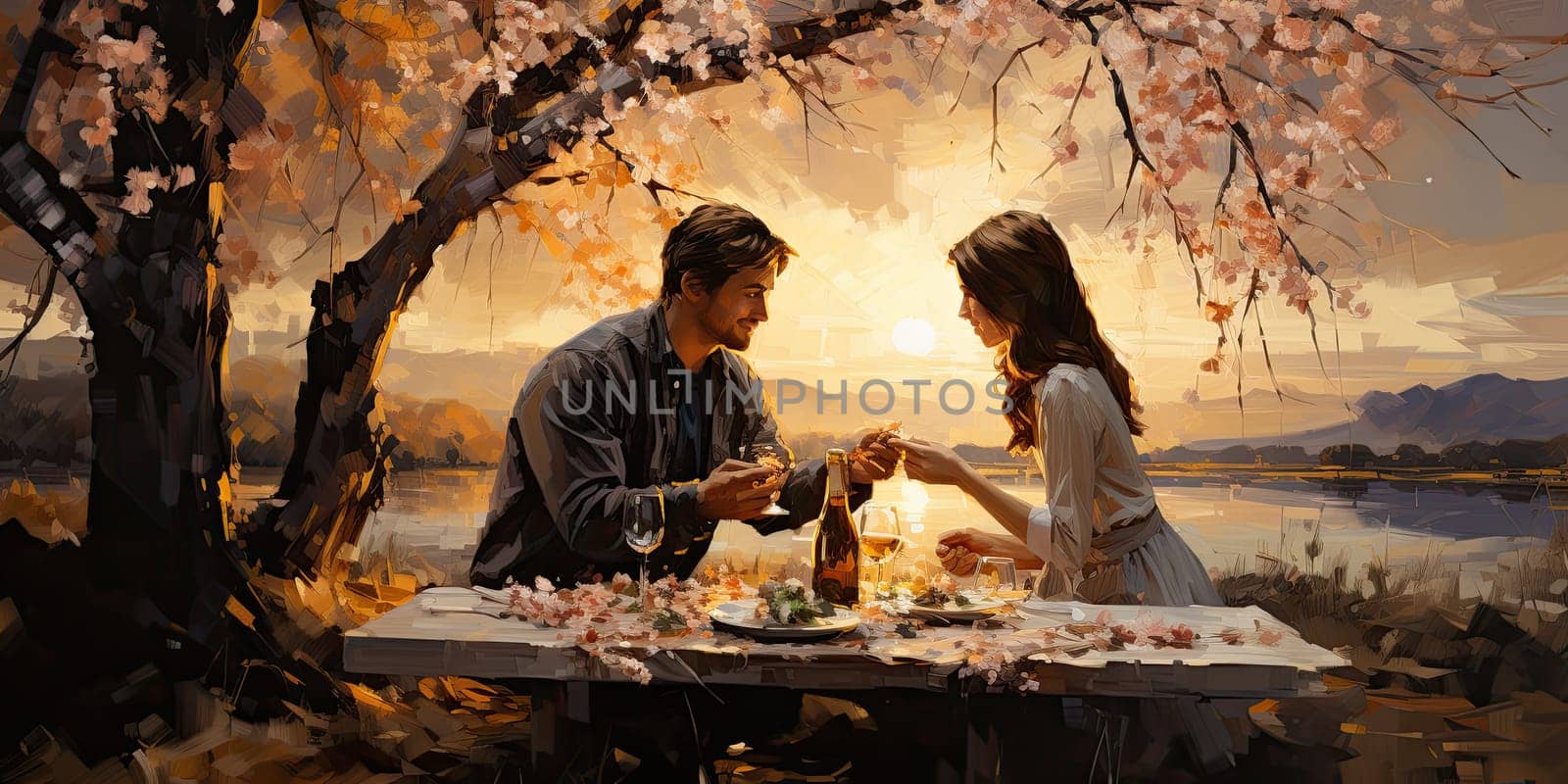 Couple in love on a white plaid take a picnic against the backdrop of a sunset in the mountains. Romantic time. Beautiful couple is enjoying picnic time at sunset. Copy space.