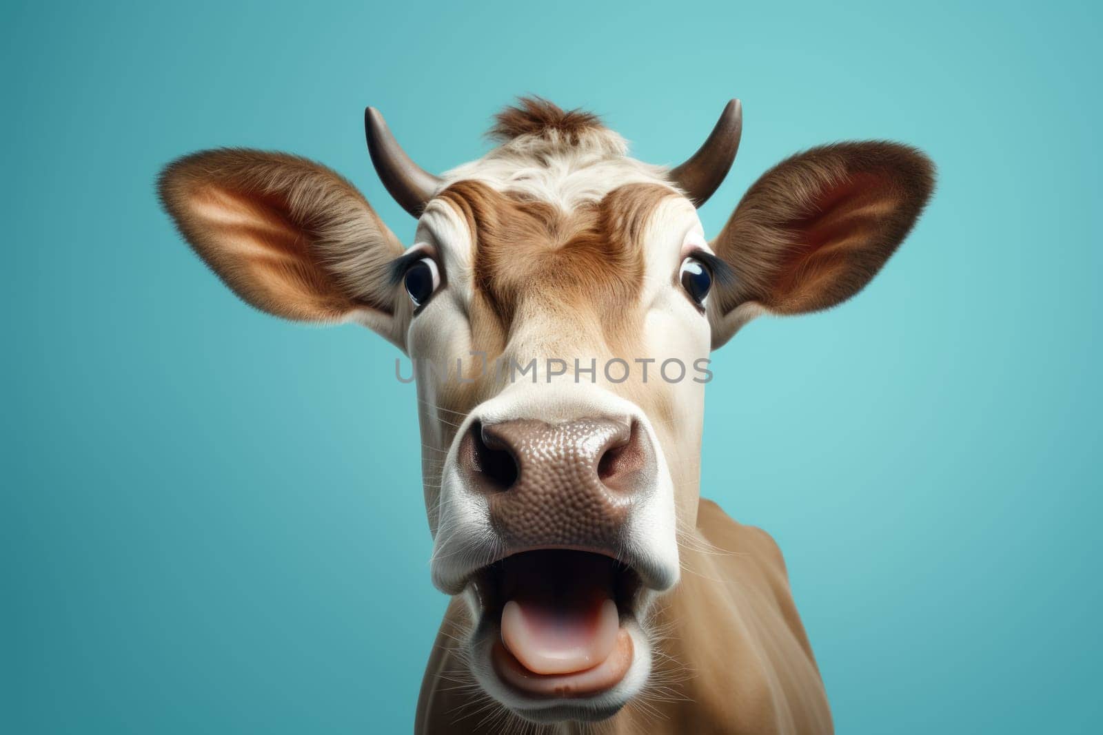 Funny surprised cow studio shot isolated bright color background.