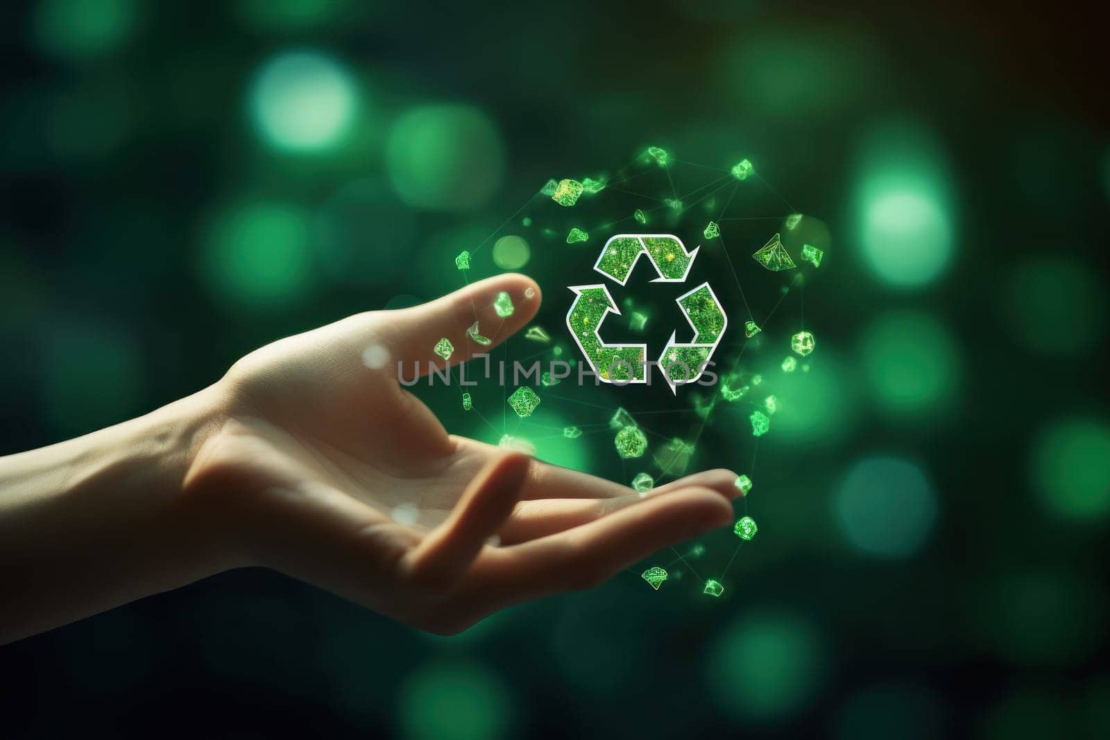 Hand of human touching the recycling symbol with environment icon, sustainable environment concept by nijieimu