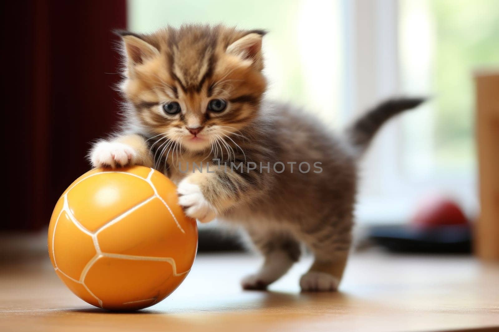 Photo of lying Baby kitten play big Ball by nijieimu