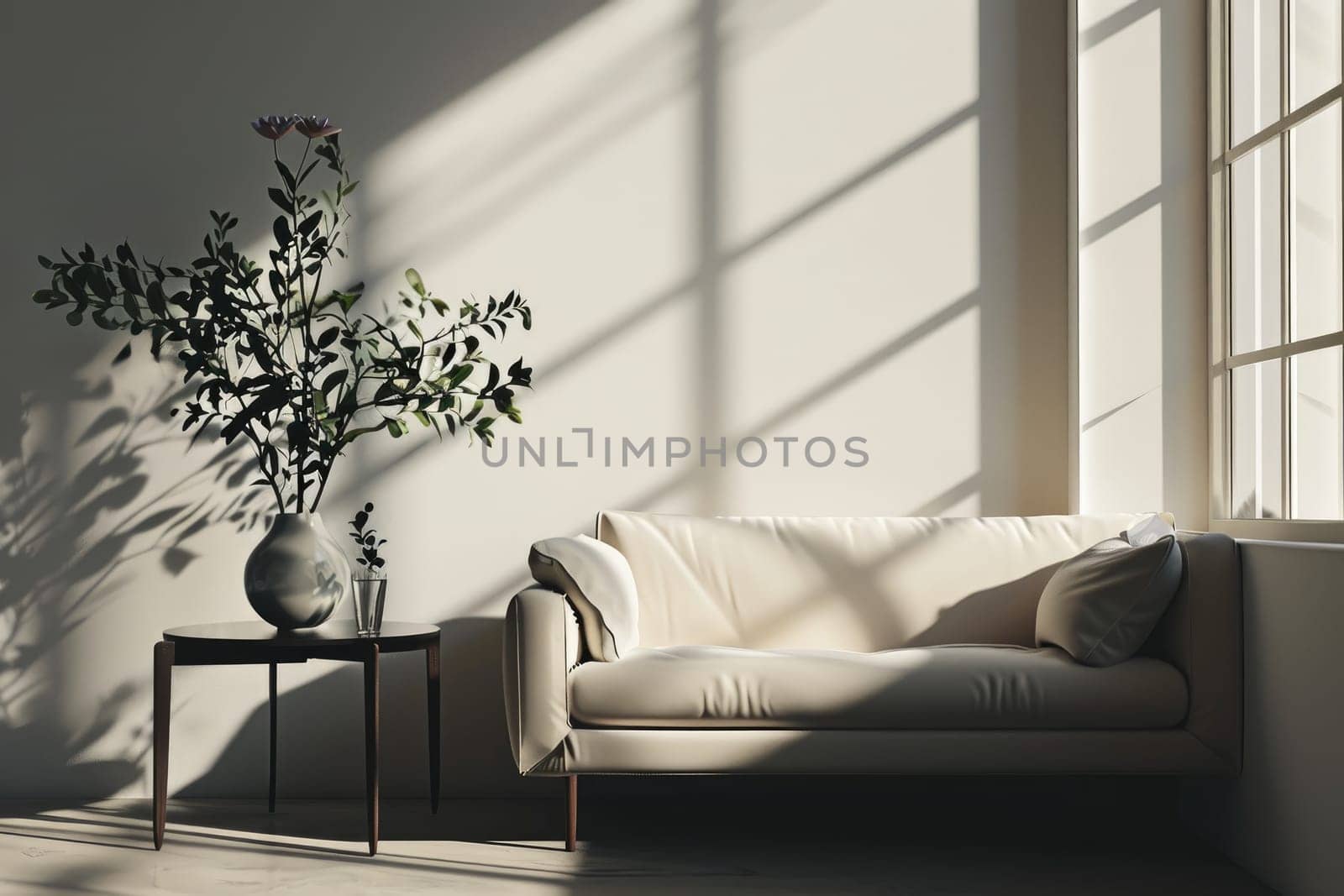 Minimal living room, minimal blank wall couch full sized window side table vase, home interior.
