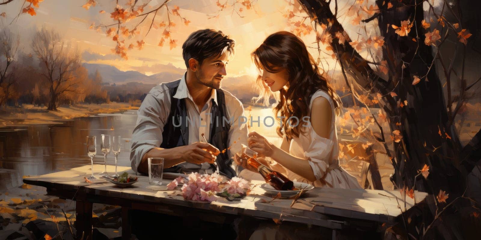 Couple in love on a white plaid take a picnic against the backdrop of a sunset in the mountains. Romantic time. Beautiful couple is enjoying picnic time at sunset. Copy space.