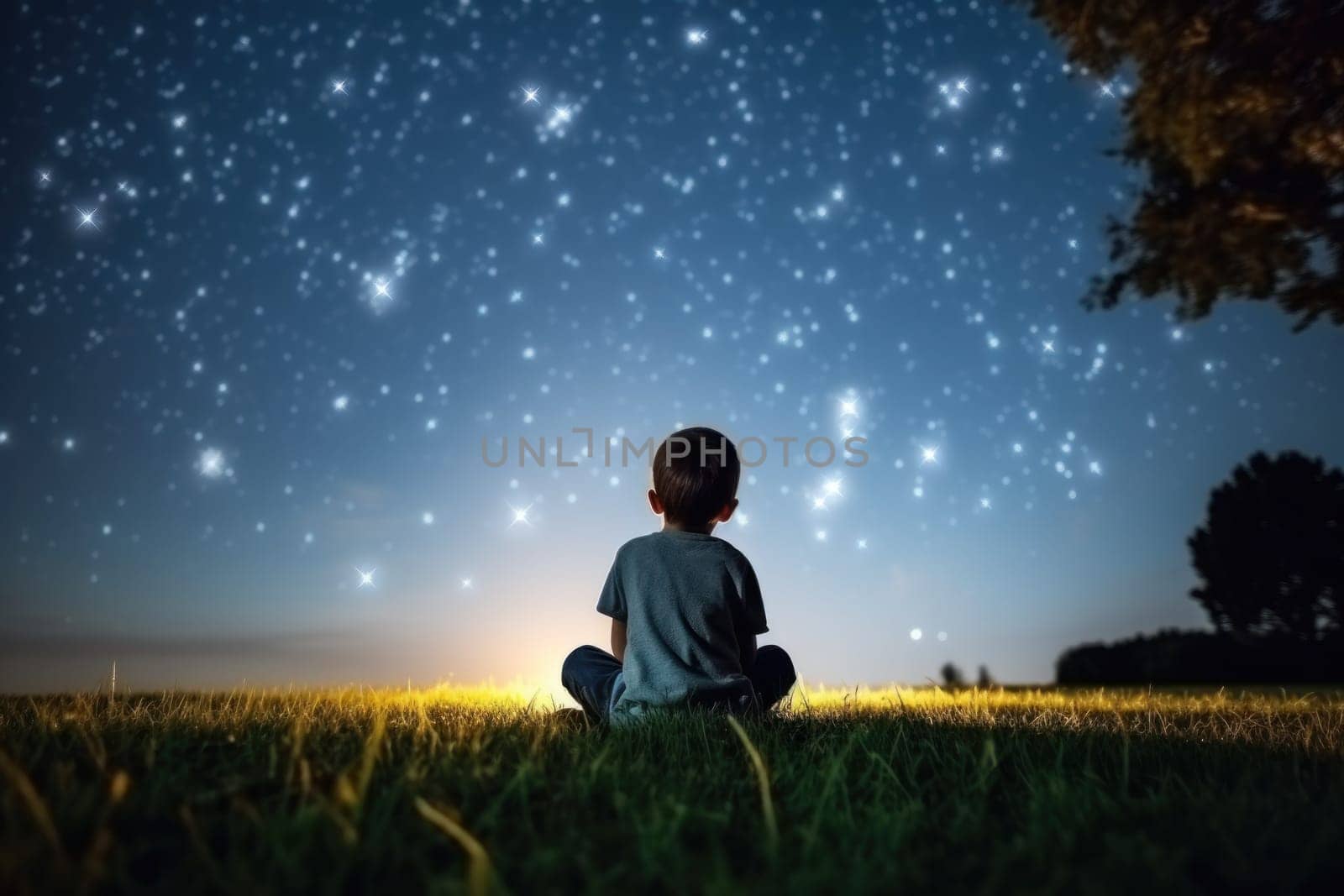 A happy kid is sitting on the grass watching the sky full of stars, AI Generative by nijieimu