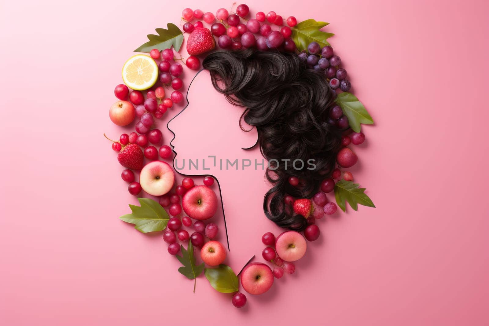 Silhouette of a girl whose hair is covered with fruits and leaves, side view of the girl on a pink background.