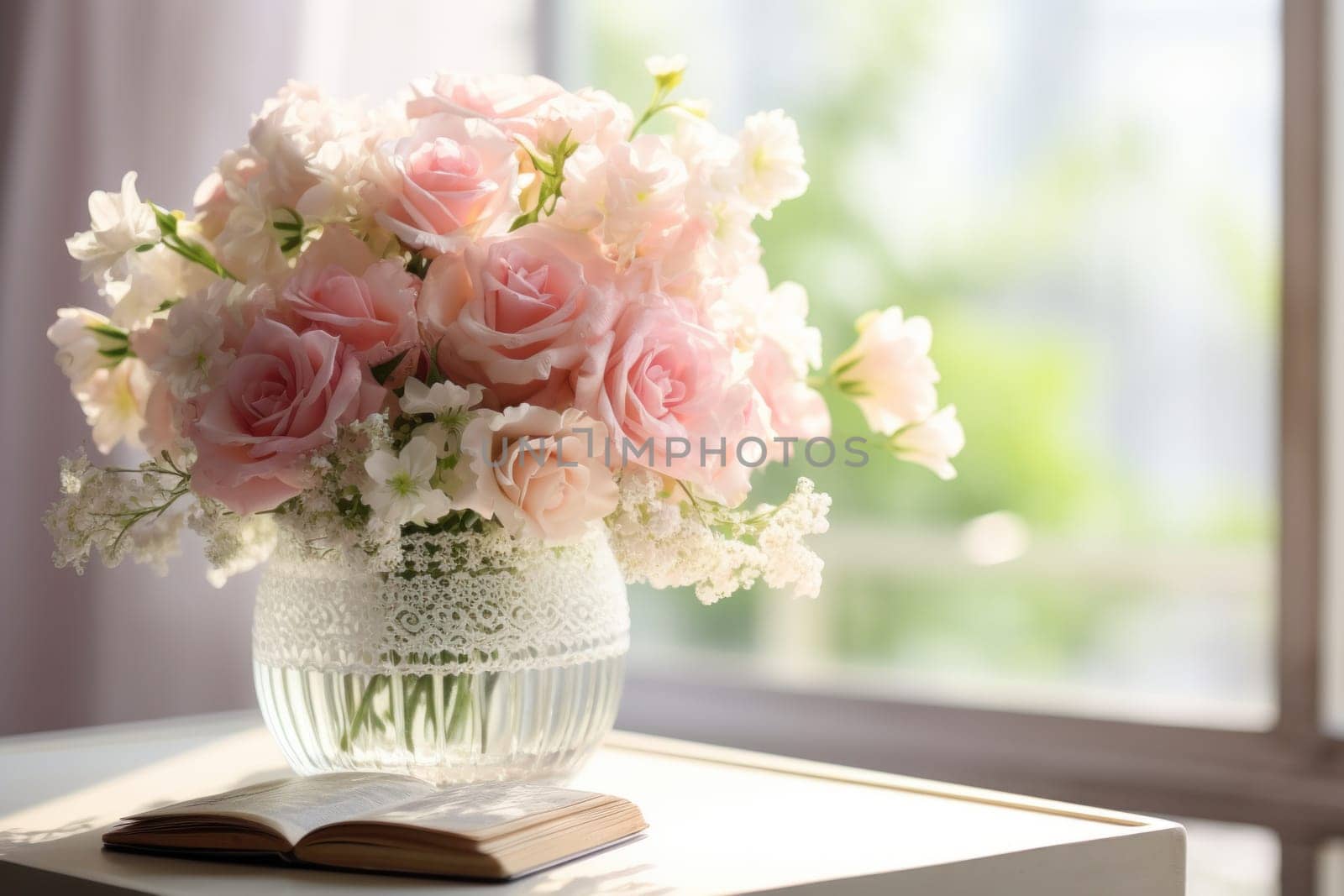 Photo of A bouquet of flowers in a crystal vase.