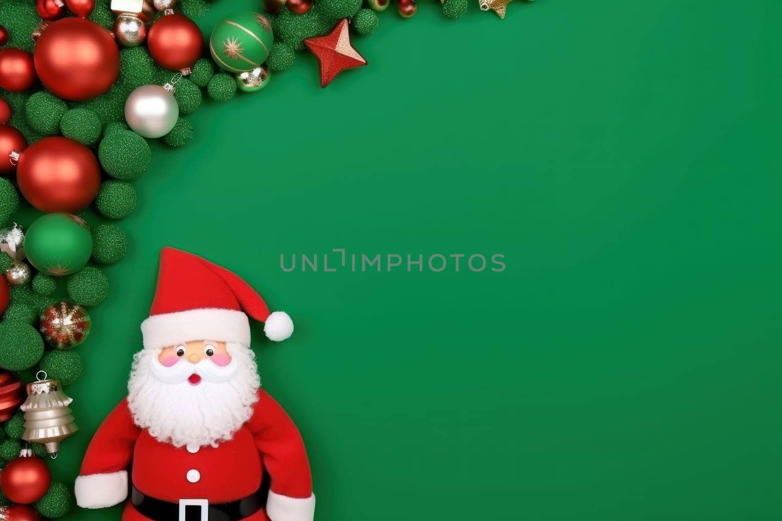 Top view of composition with Christmas decorations and copy space on green background.
