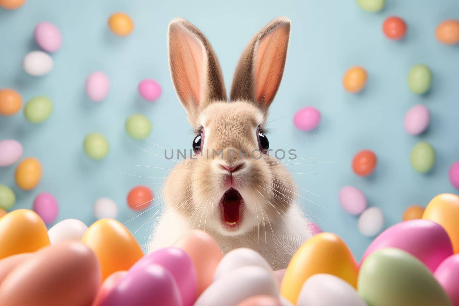 Adorable Easter Bunny With Easter Eggs, colorful Easter eggs, banner and wallpaper, AI Generative.