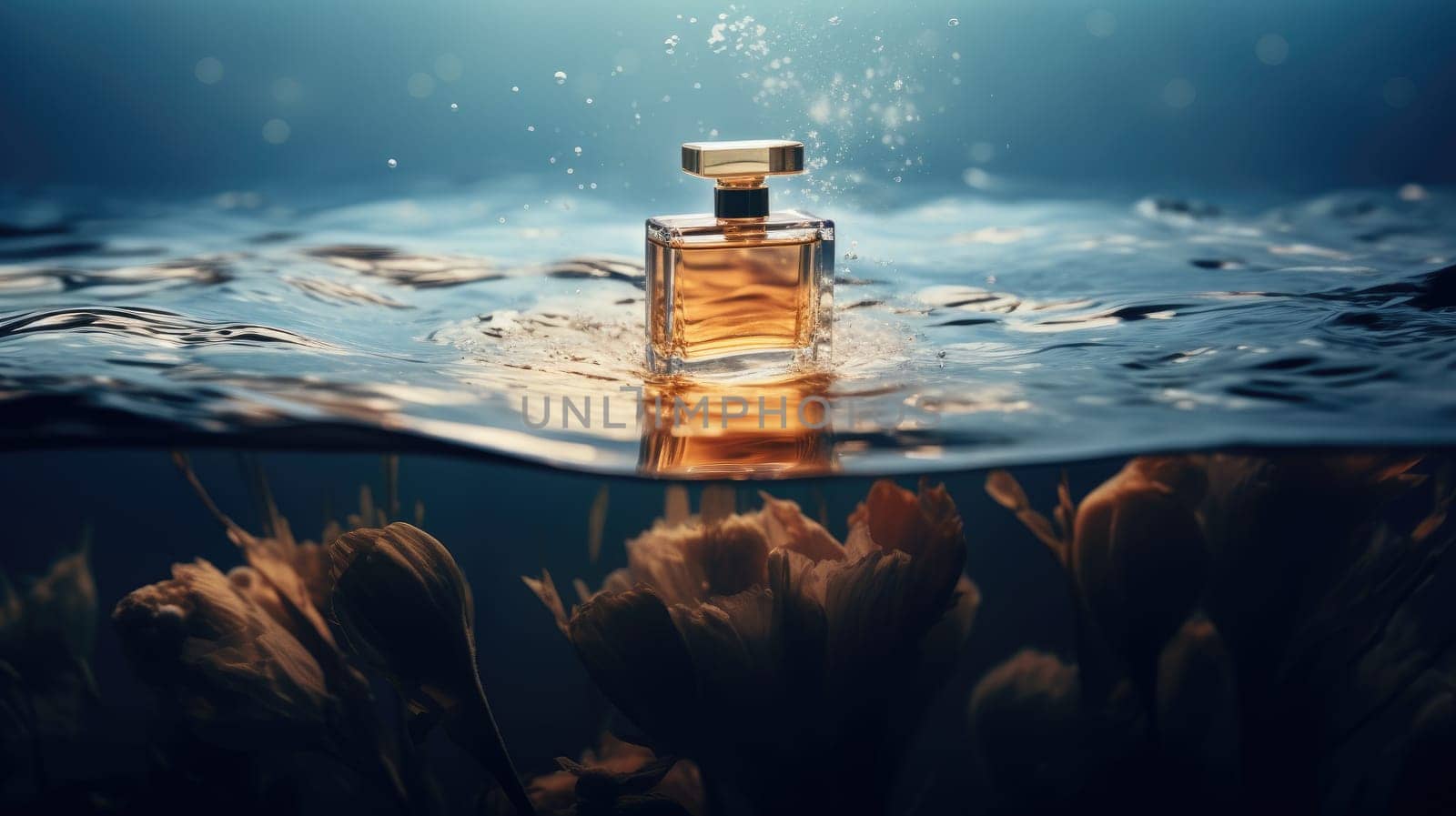 Product photo of a perfume floating on the water surface, AI Generative by nijieimu