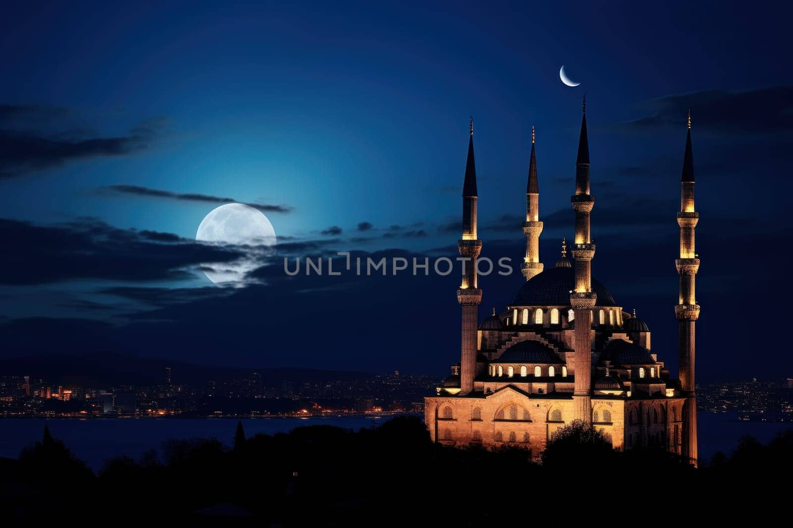 Silhouette of mosque at night moonlit sky stunning as the full moon by nijieimu