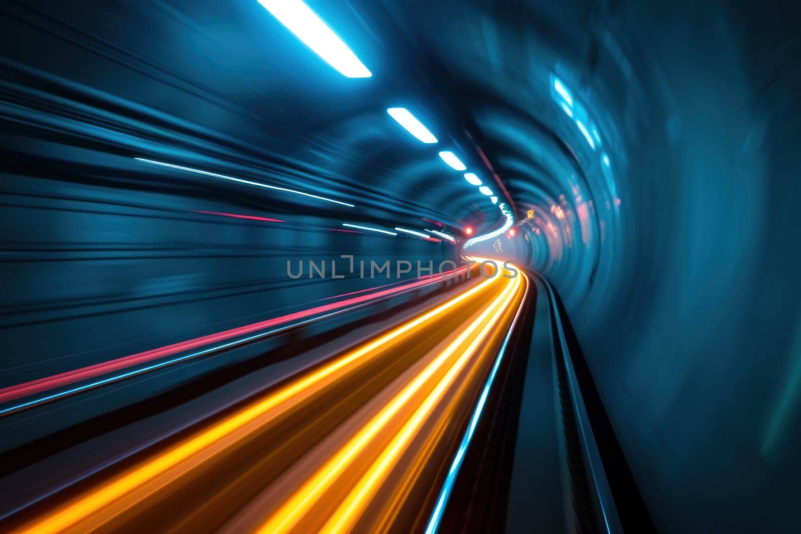 Abstract long exposure dynamic speed light trails in a tunnel. Generative AI by golfmerrymaker