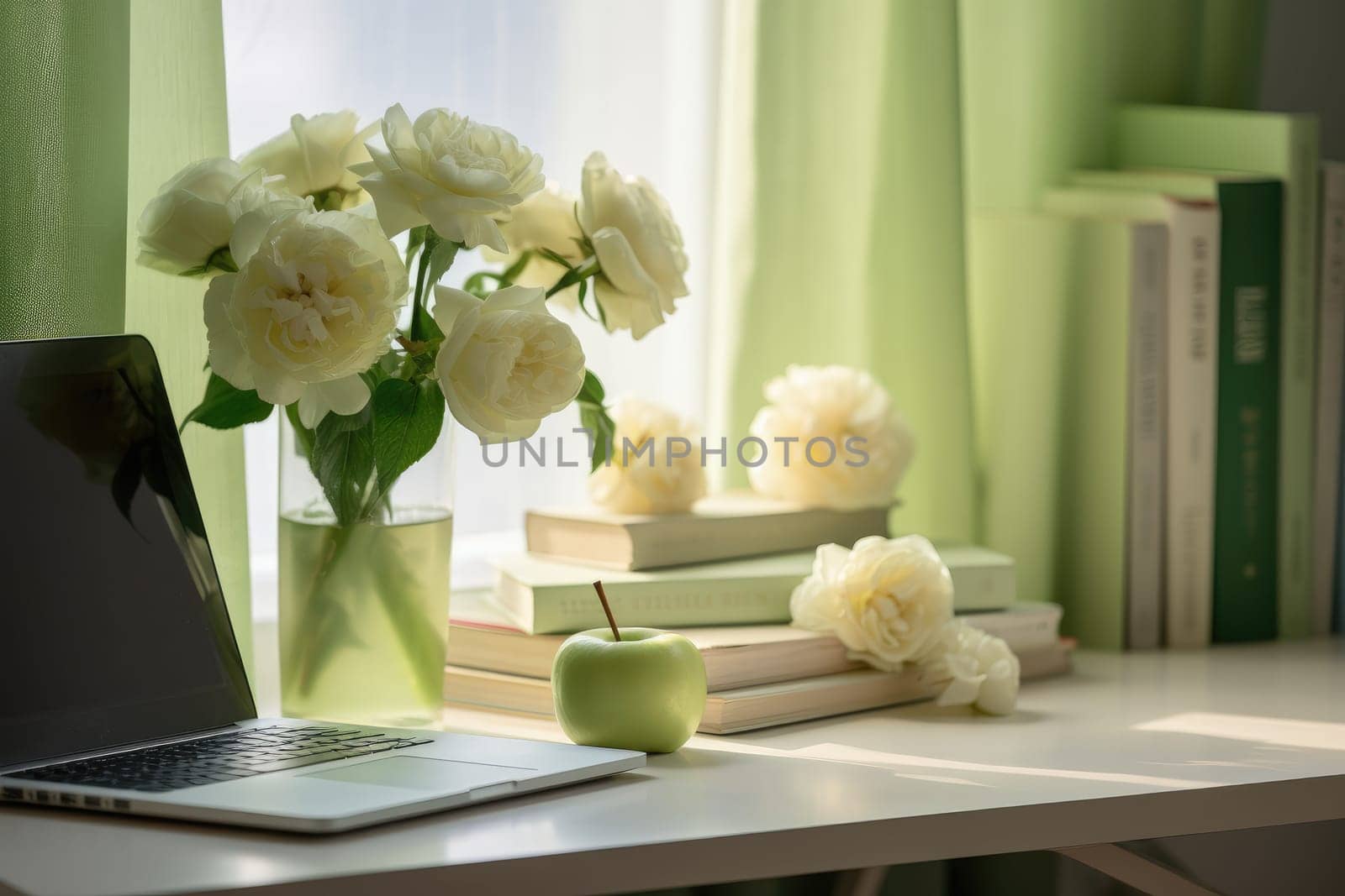 Desk interior style minimal pastel desk with vase and laptop, AI Generative.