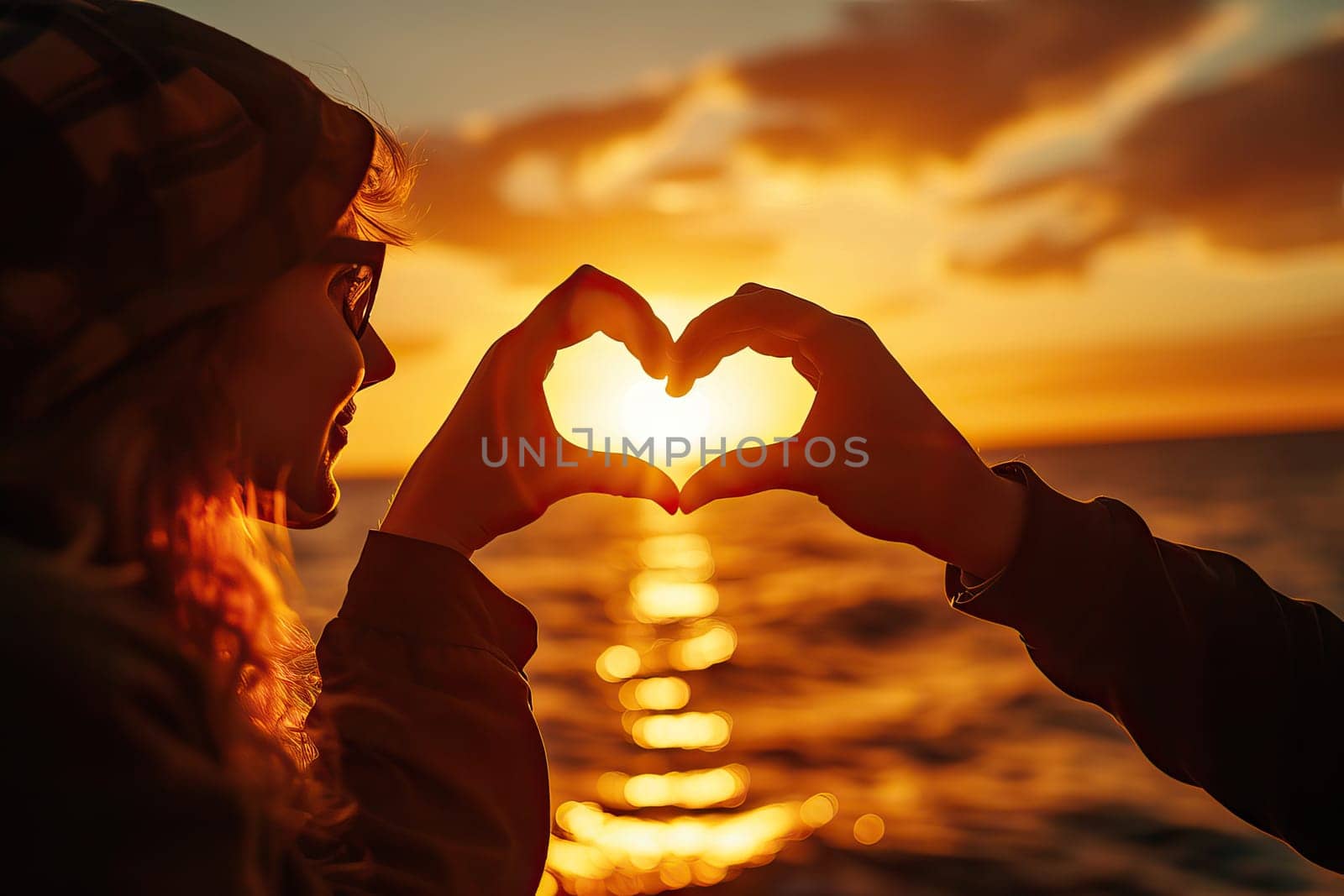 Valentines day concept, Young man and woman creating heart shape by hands at sunset. Generative AI.