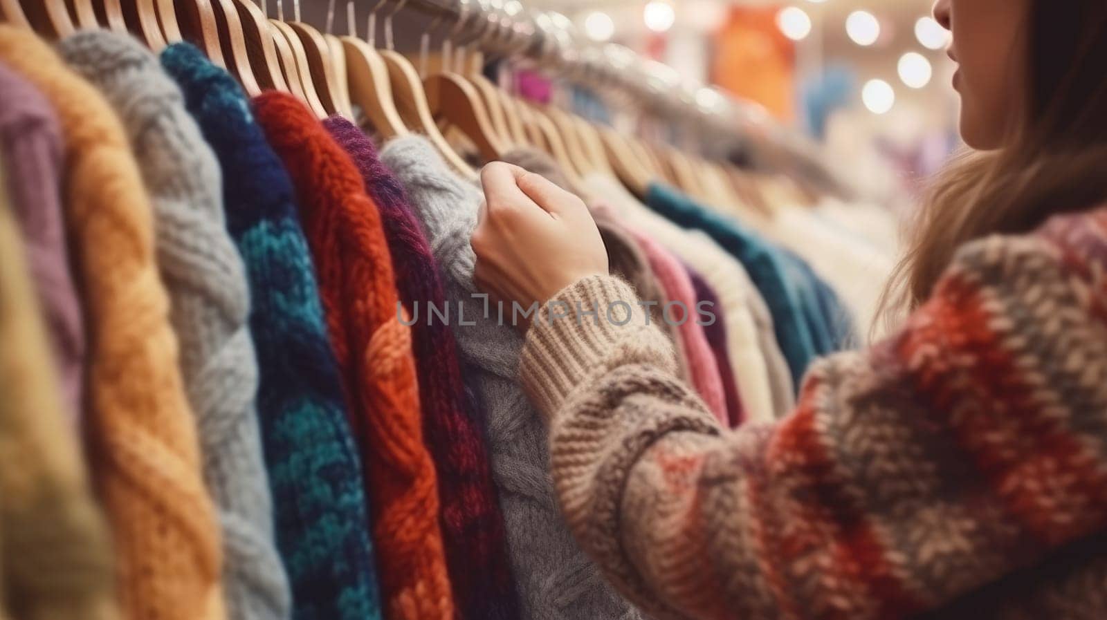 In a clothing store, close up hand of woman is choosing a winter sweater, AI Generative.