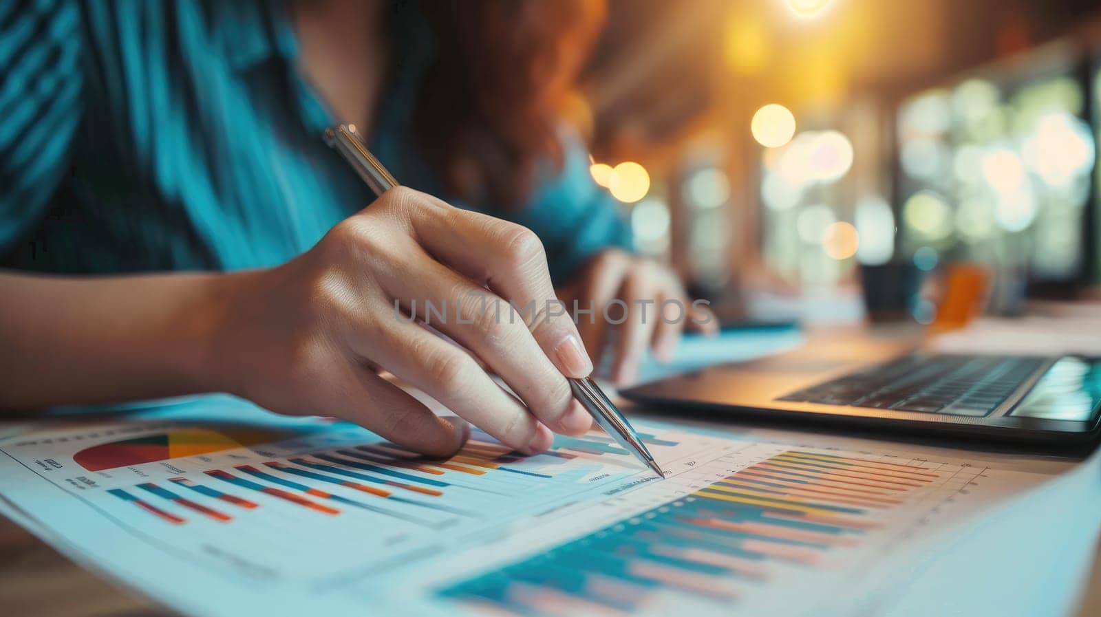 Hands of businesswoman examining graph at desk, Financial advisor and accounting concept.
