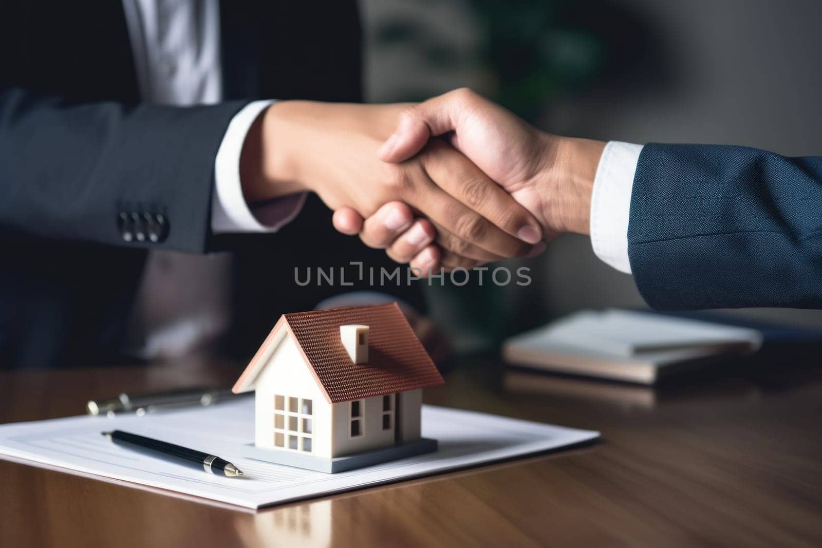Real estate agent shaking hands with customer with miniature simple house on a table by nijieimu
