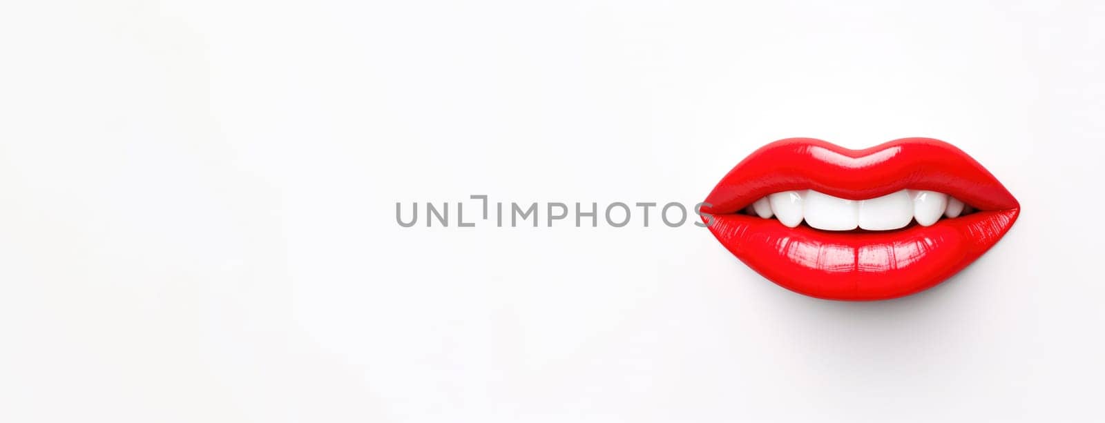 Banner of 3D realistic smiling glossy red lips on white. cosmetic, fashion, and romantic designs. Open mouth with teeth, lipstick promotion. by JuliaDorian