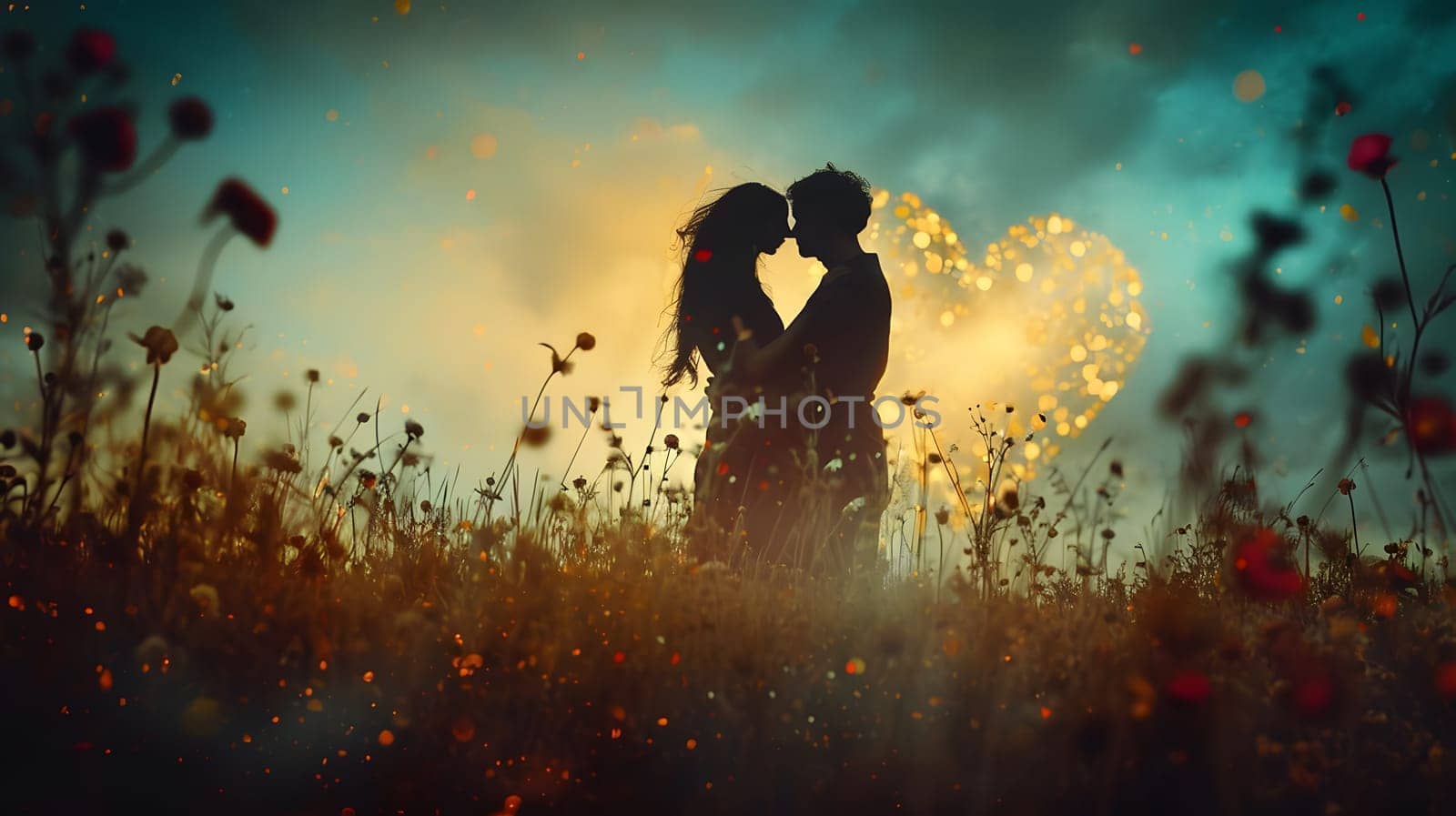 silhouette of romantic couple in the field, generative ai by Chechotkin