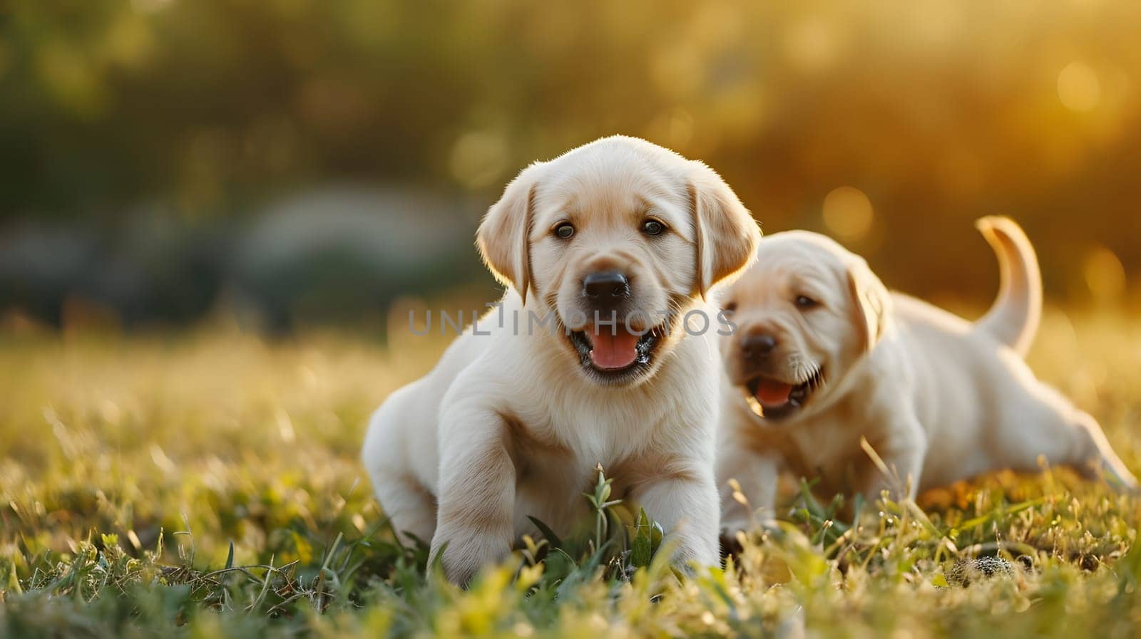 two cute labrador puppies playing on the grass, generative ai. High quality photo