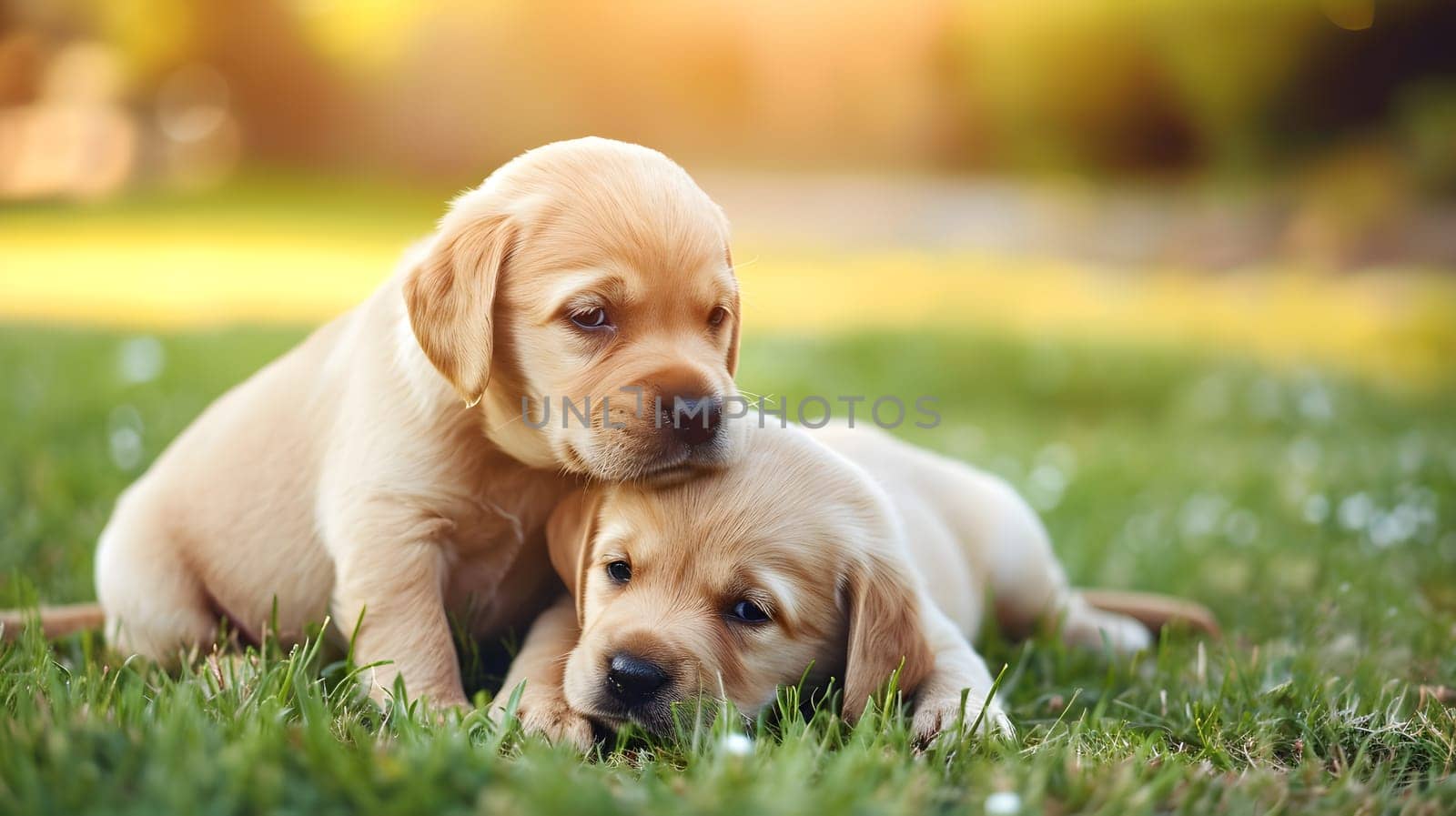 two cute labrador puppies playing on the grass, generative ai. High quality photo
