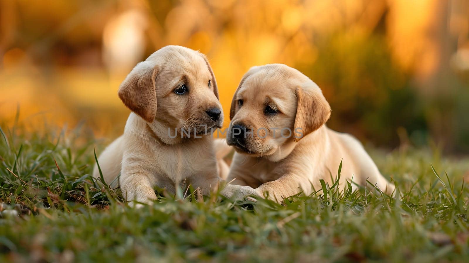 two cute labrador puppies playing on the grass, generative ai. High quality photo