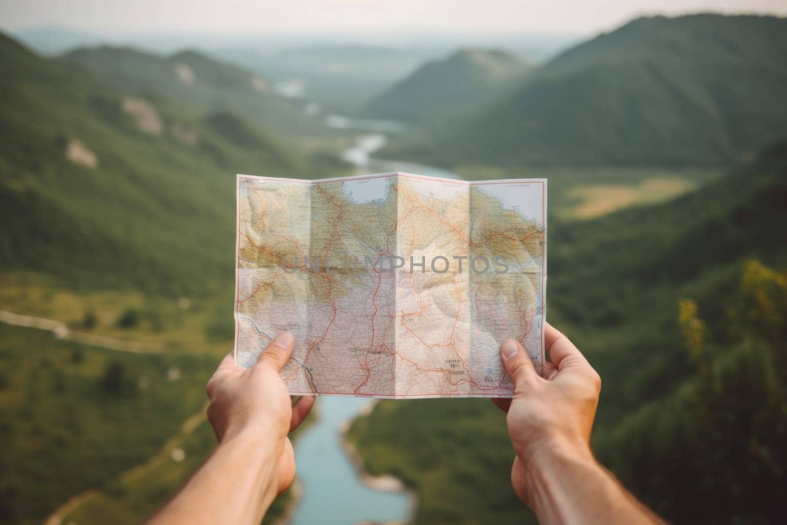 hand holding travel map, natural background, travel concept.
