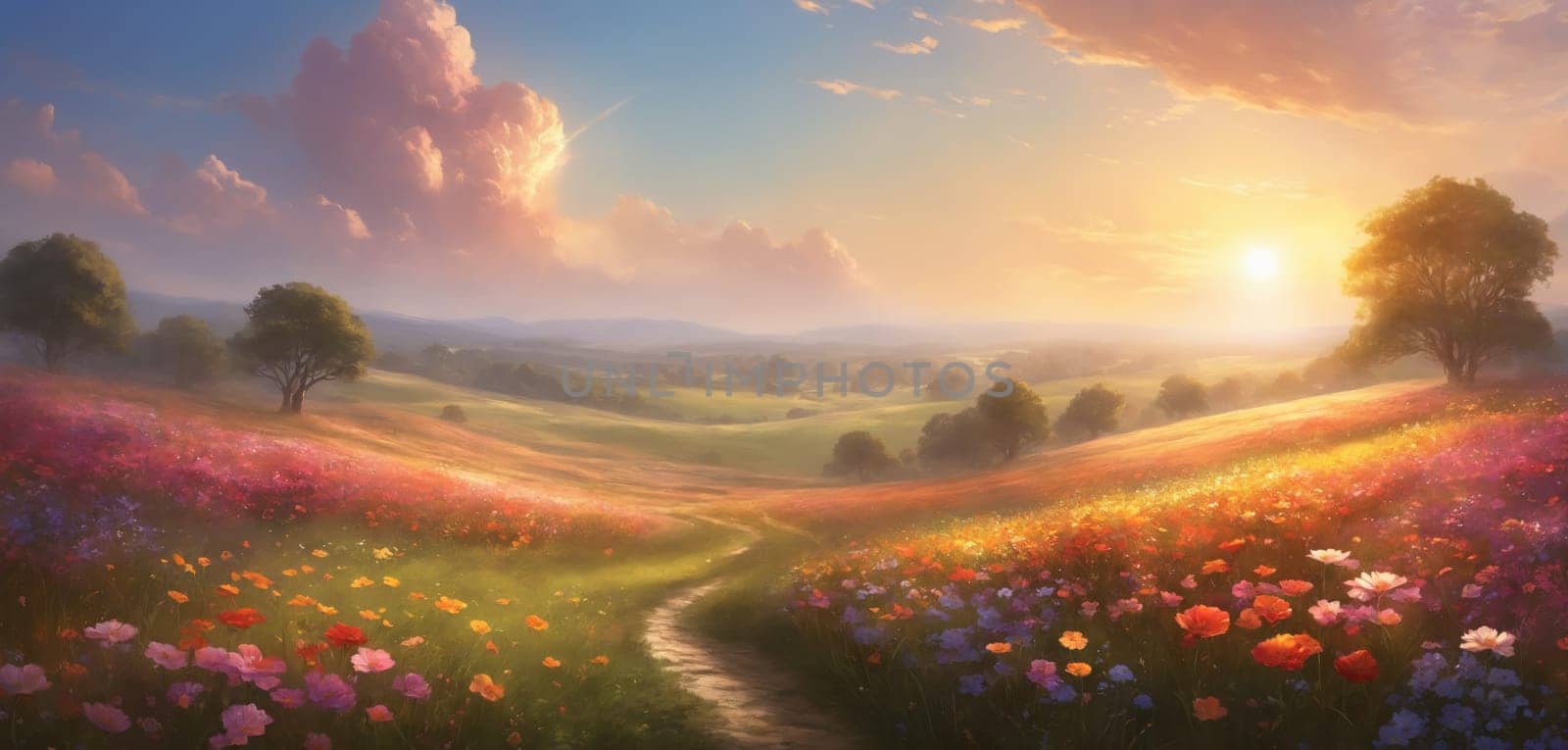 Drawing. Sunset landscape of a field with flowers.