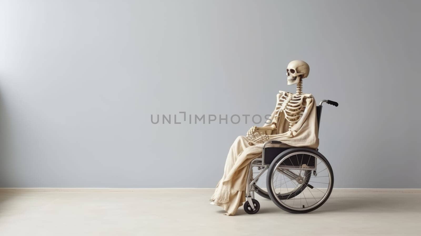 Human skeleton in medical wheelchair for invalid patient on white empty background. Hospital health care support.