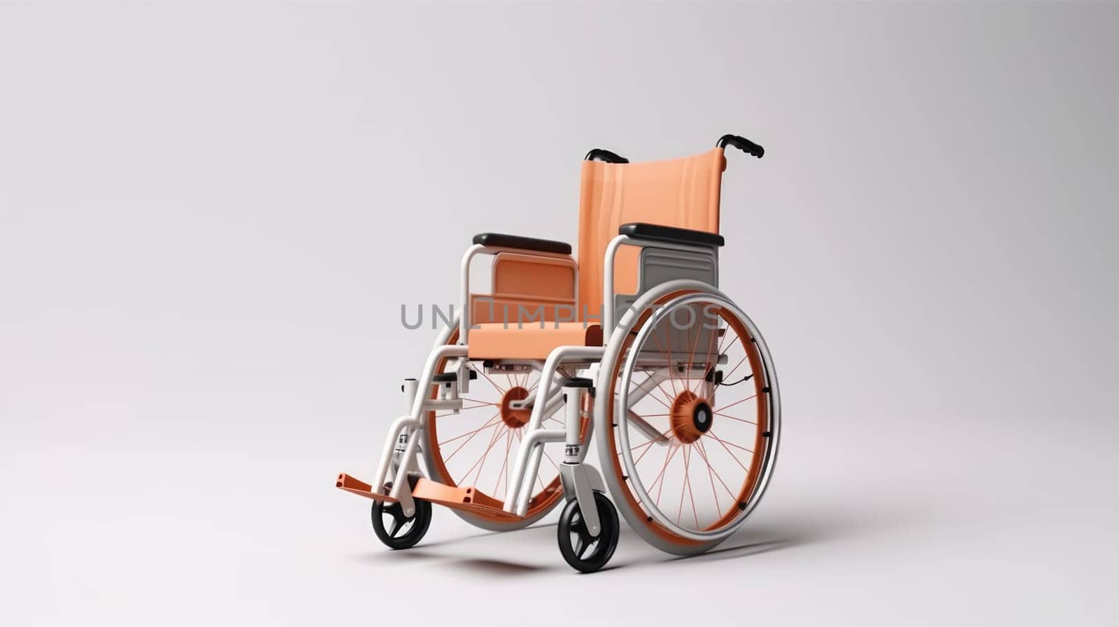 Empty medical wheelchair for invalid patient on white empty background. Hospital health care support by JuliaDorian