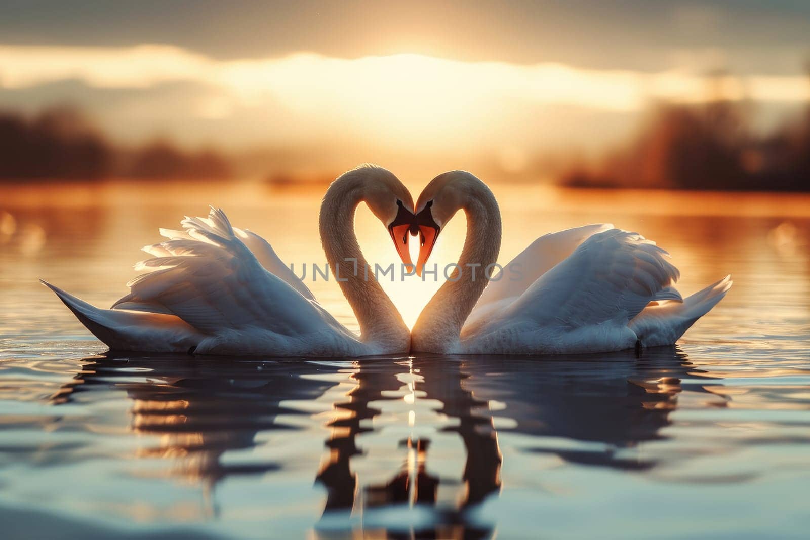 Romantic swans making a heart shape, Swan couple for Valentine's Day by nijieimu