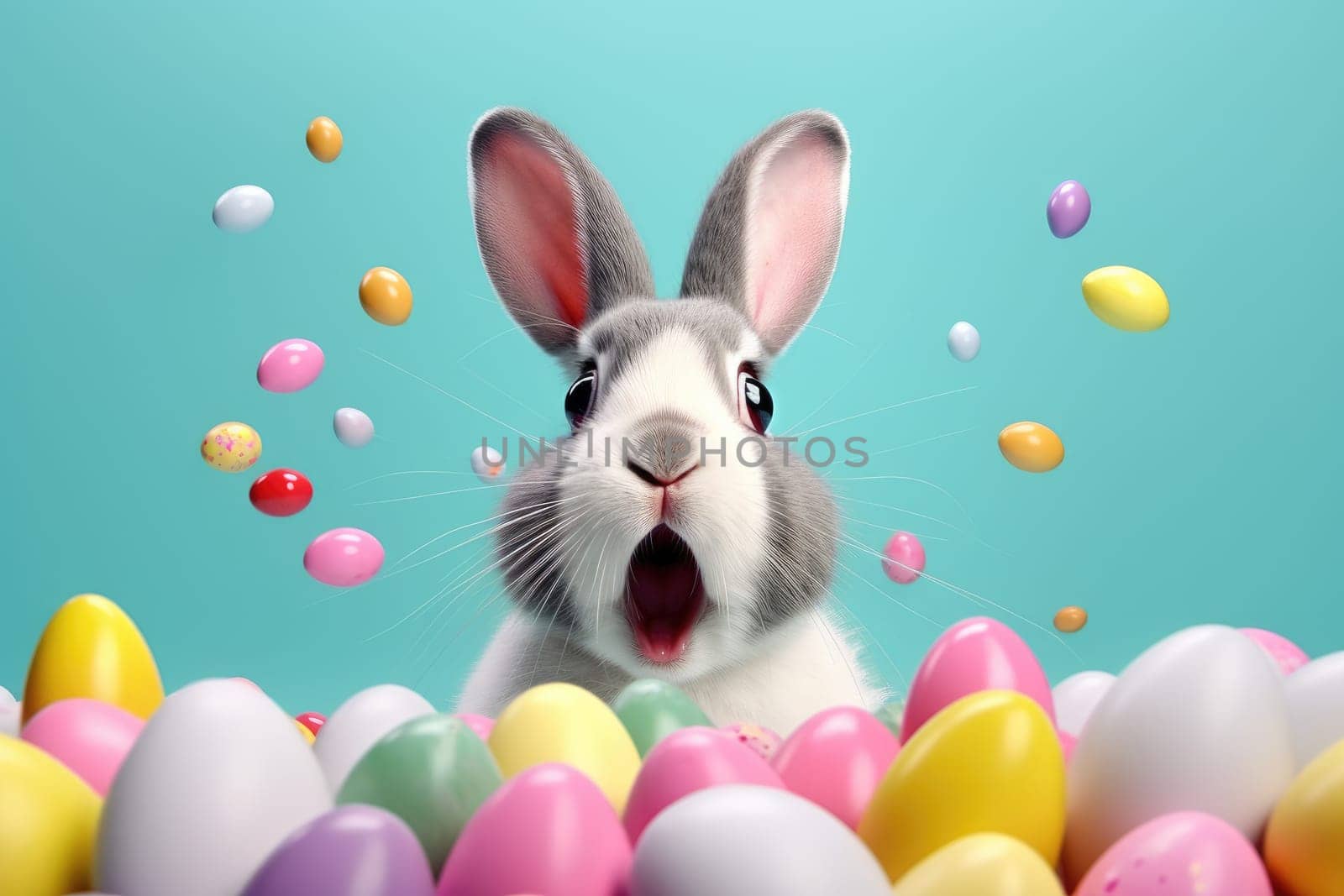 Adorable Easter Bunny With Easter Eggs, colorful Easter eggs, banner and wallpaper, AI Generative.