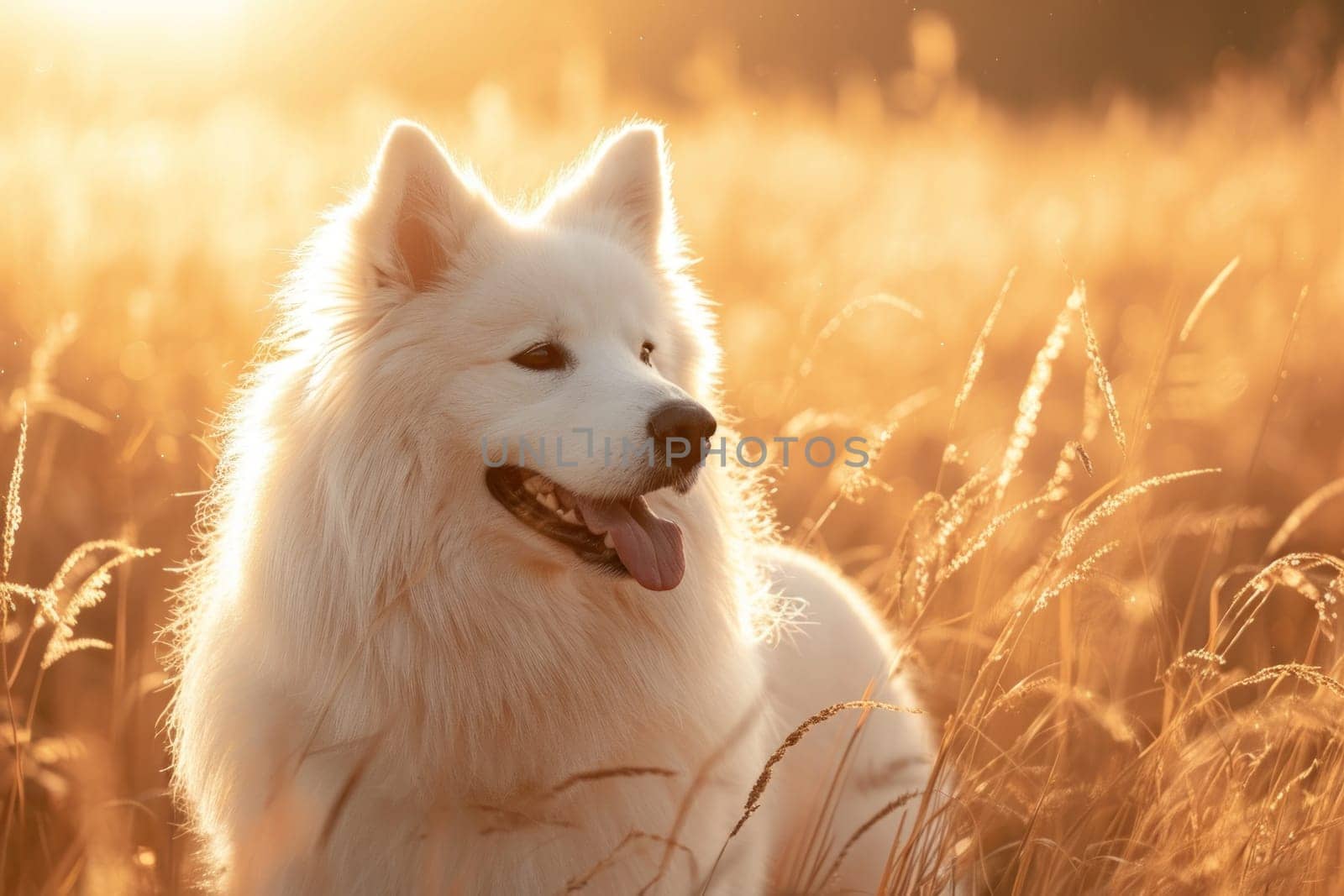 Samoyed dog standing in a field of tall grass during golden hour, with warm sunlight. Generative AI.