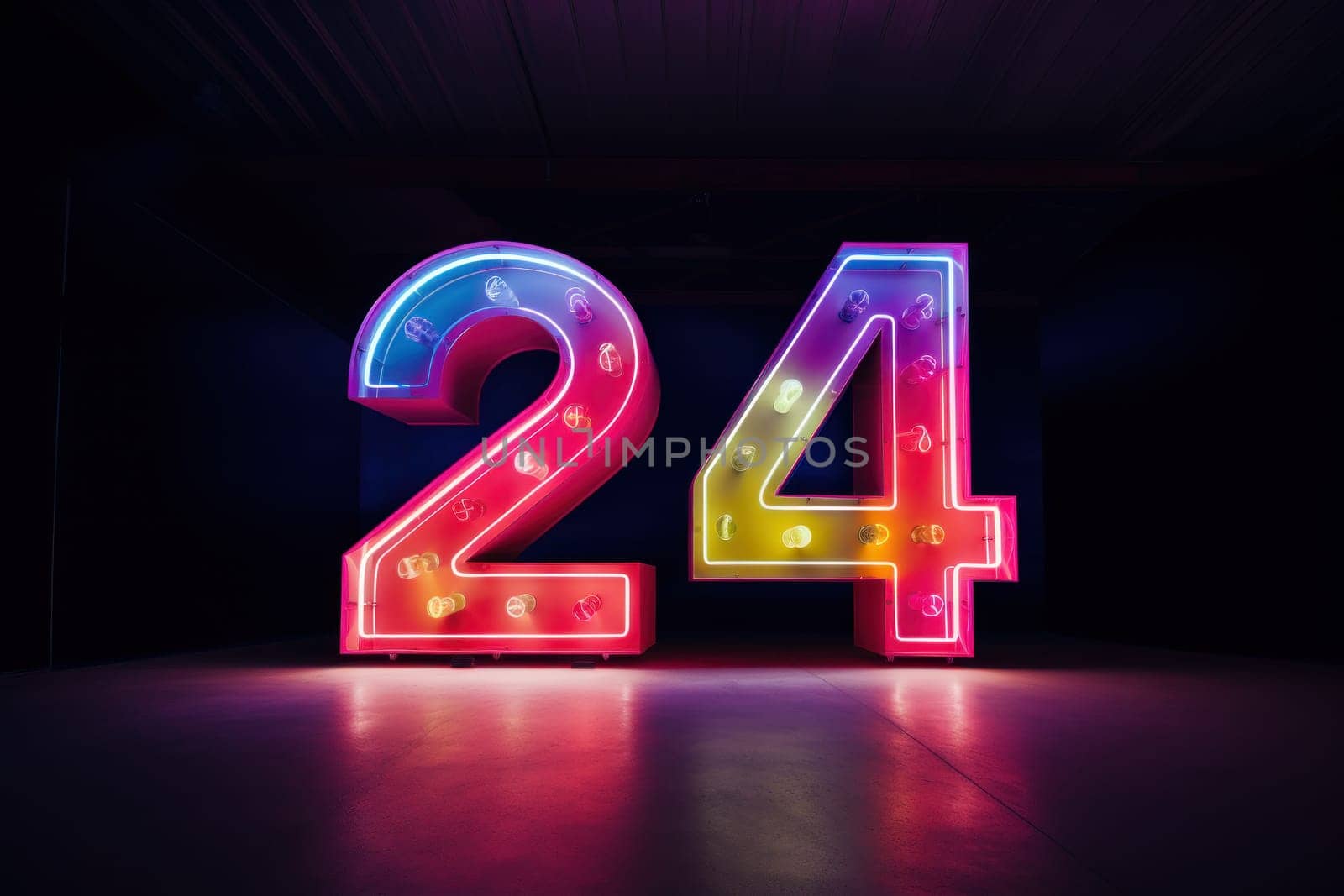 Happy new year 2024 neon light. Colorful design, trendy style, Number 24.