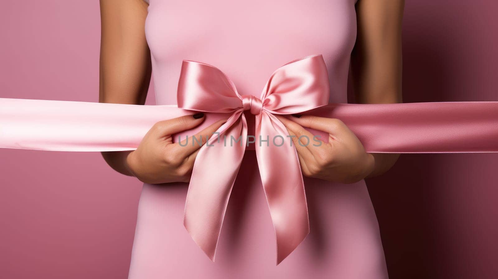 World Cancer Day, breast cancer awareness, Hands catching a pink bow on a pink background, AI Generative.