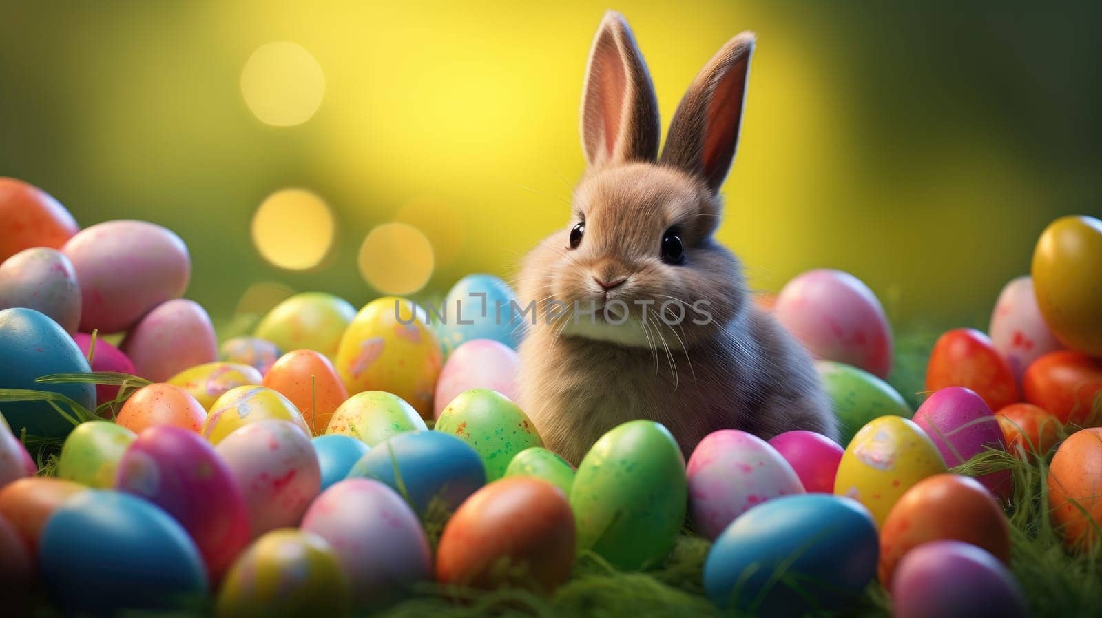 Adorable Easter Bunny With Easter Eggs, colorful Easter eggs, banner and wallpaper, AI Generative by nijieimu